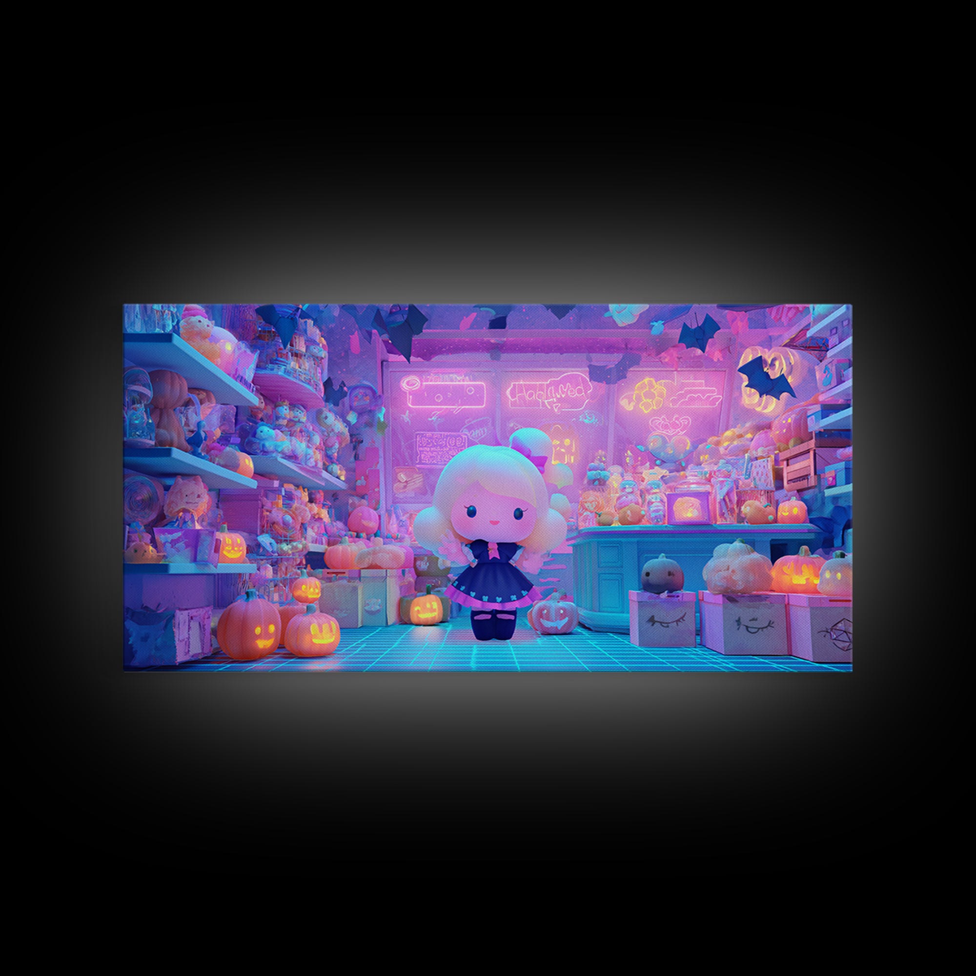 The Moonlight Toy Shop, Vaporwave Halloween Decor, Wide Panoramic Art, Canvas Print, Retro Halloween Decor, Neon Wall Art