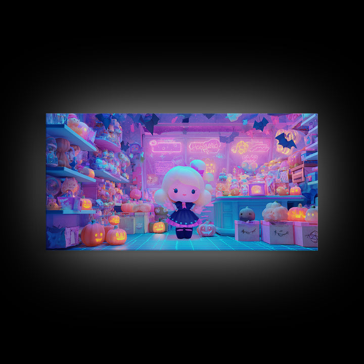 The Moonlight Toy Shop, Vaporwave Halloween Decor, Wide Panoramic Art, Canvas Print, Retro Halloween Decor, Neon Wall Art