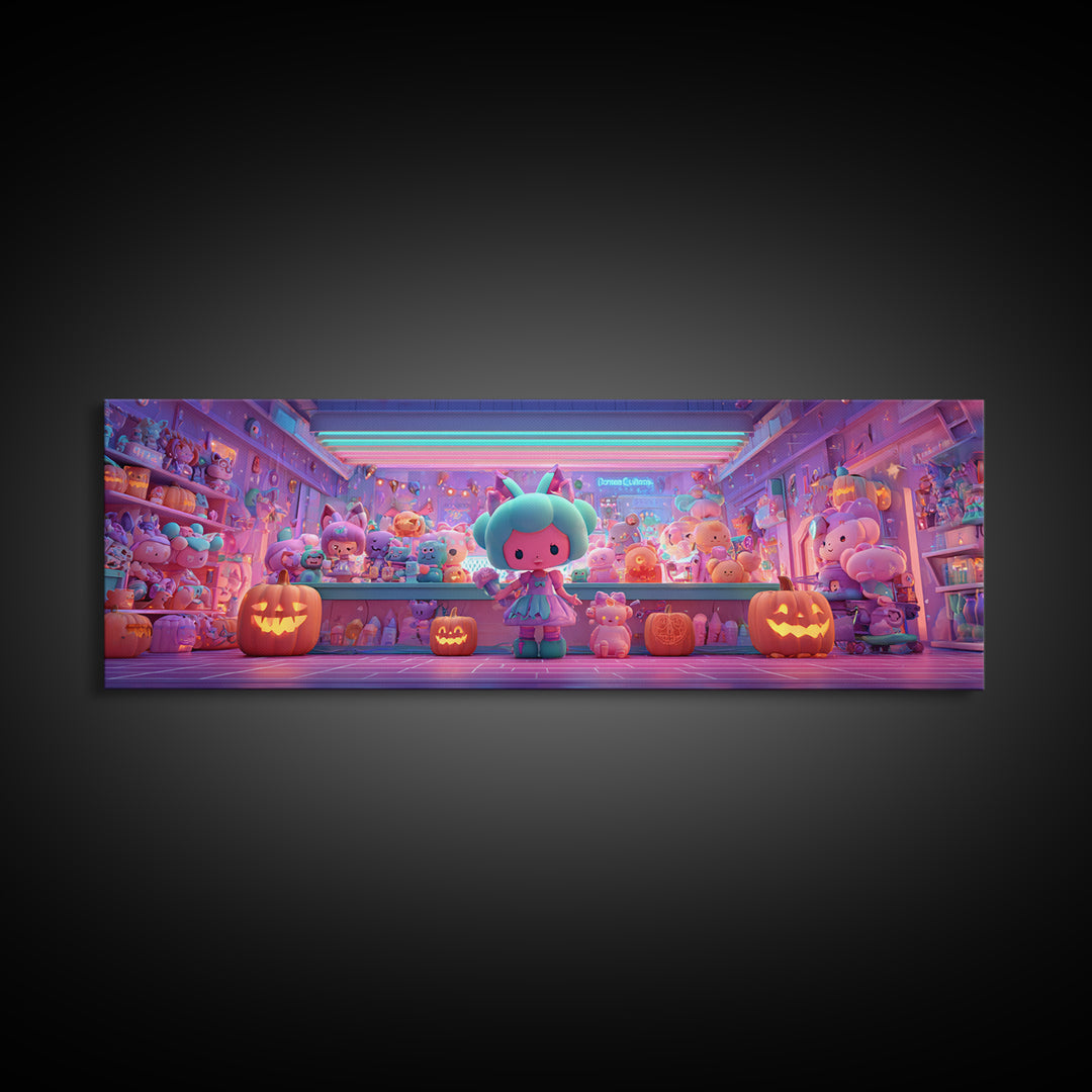 The Moonlight Toy Shop, Cute Spooky Neon Art, Extra Wide Wall Art, Canvas Print, Retro Halloween Decor, Neon Wall Art, Statement Wall Art