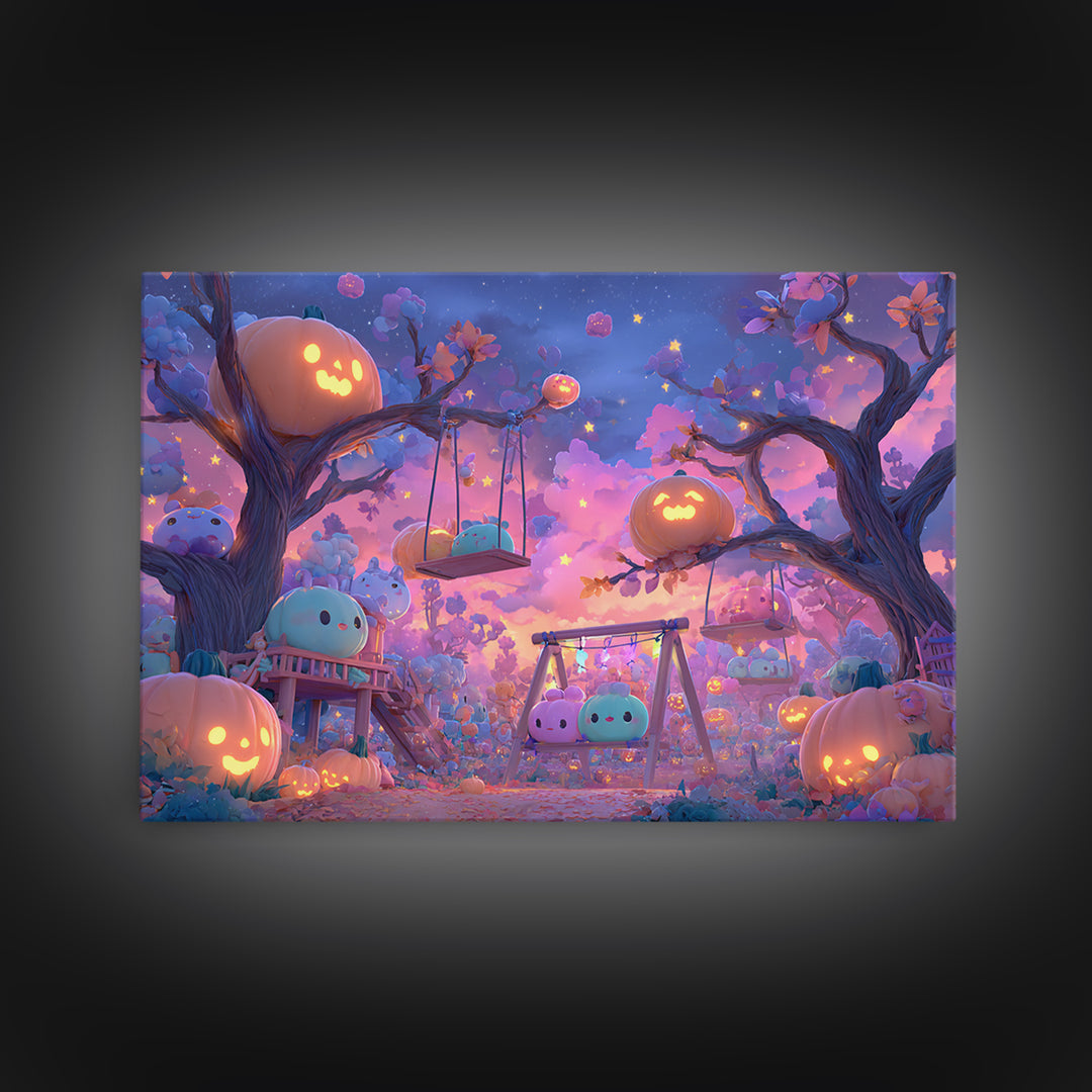 The Pumpkin Patch Playground, Synthwave Halloween Art, Landscape Wall Art, Canvas Print, Retro Halloween Decor, Neon Wall Art