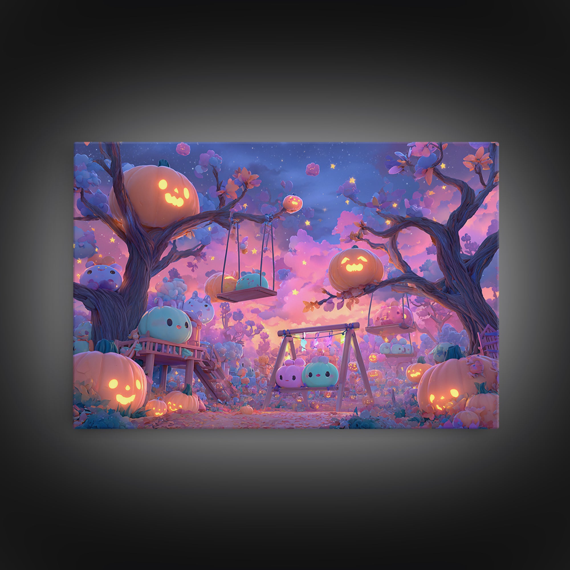 The Pumpkin Patch Playground, Synthwave Halloween Art, Landscape Wall Art, Canvas Print, Retro Halloween Decor, Neon Wall Art