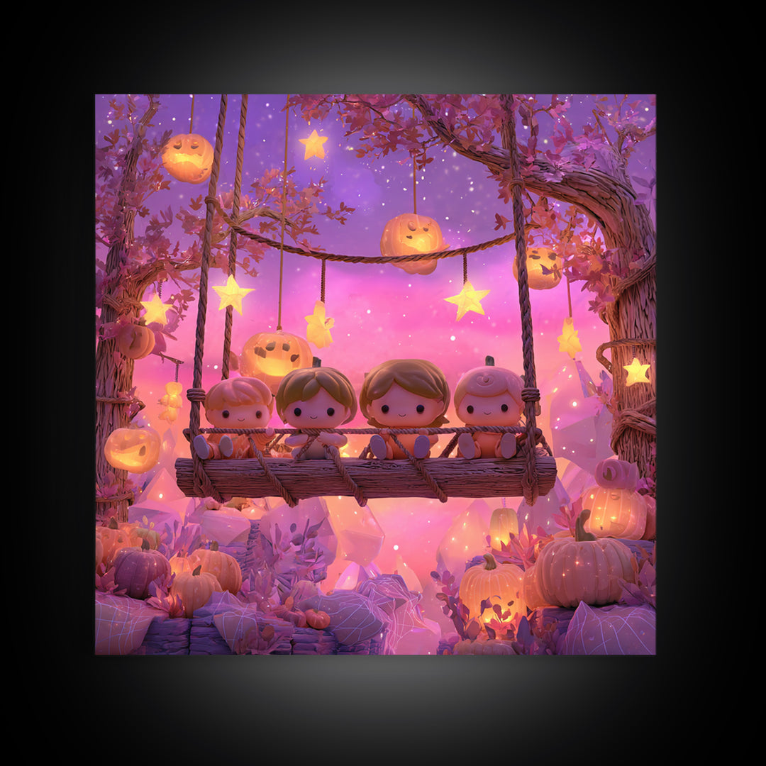 The Pumpkin Patch Playground, Retro Neon Halloween Art, Square Wall Art, Canvas Print, Retro Halloween Decor, Neon Wall Art