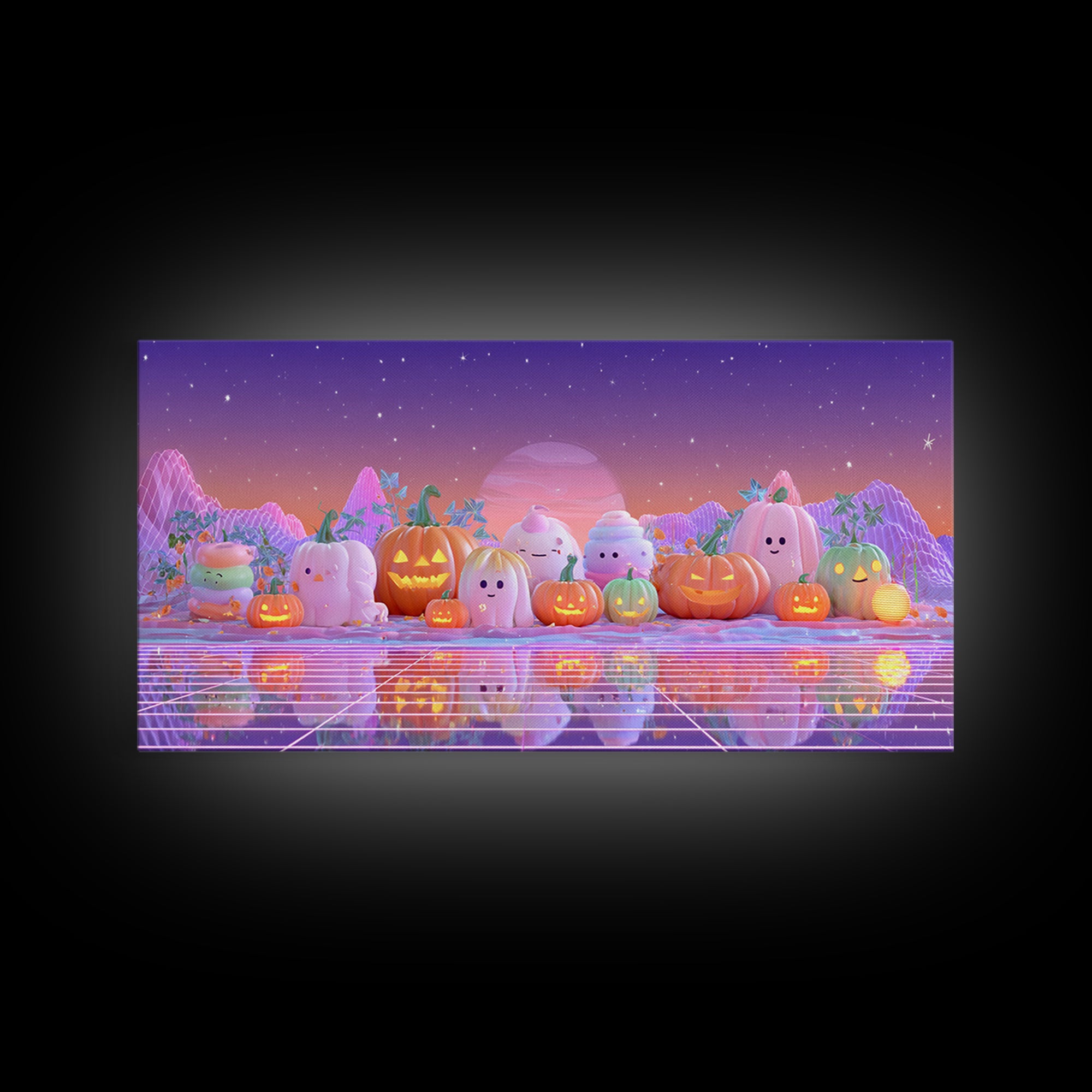The Pumpkin Patch Playground, Vaporwave Halloween Decor, Wide Panoramic Art, Framed Canvas Print, Retro Halloween Decor, Neon Wall Art