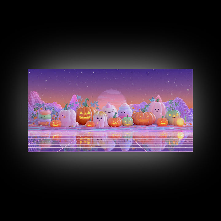 The Pumpkin Patch Playground, Vaporwave Halloween Decor, Wide Panoramic Art, Framed Canvas Print, Retro Halloween Decor, Neon Wall Art