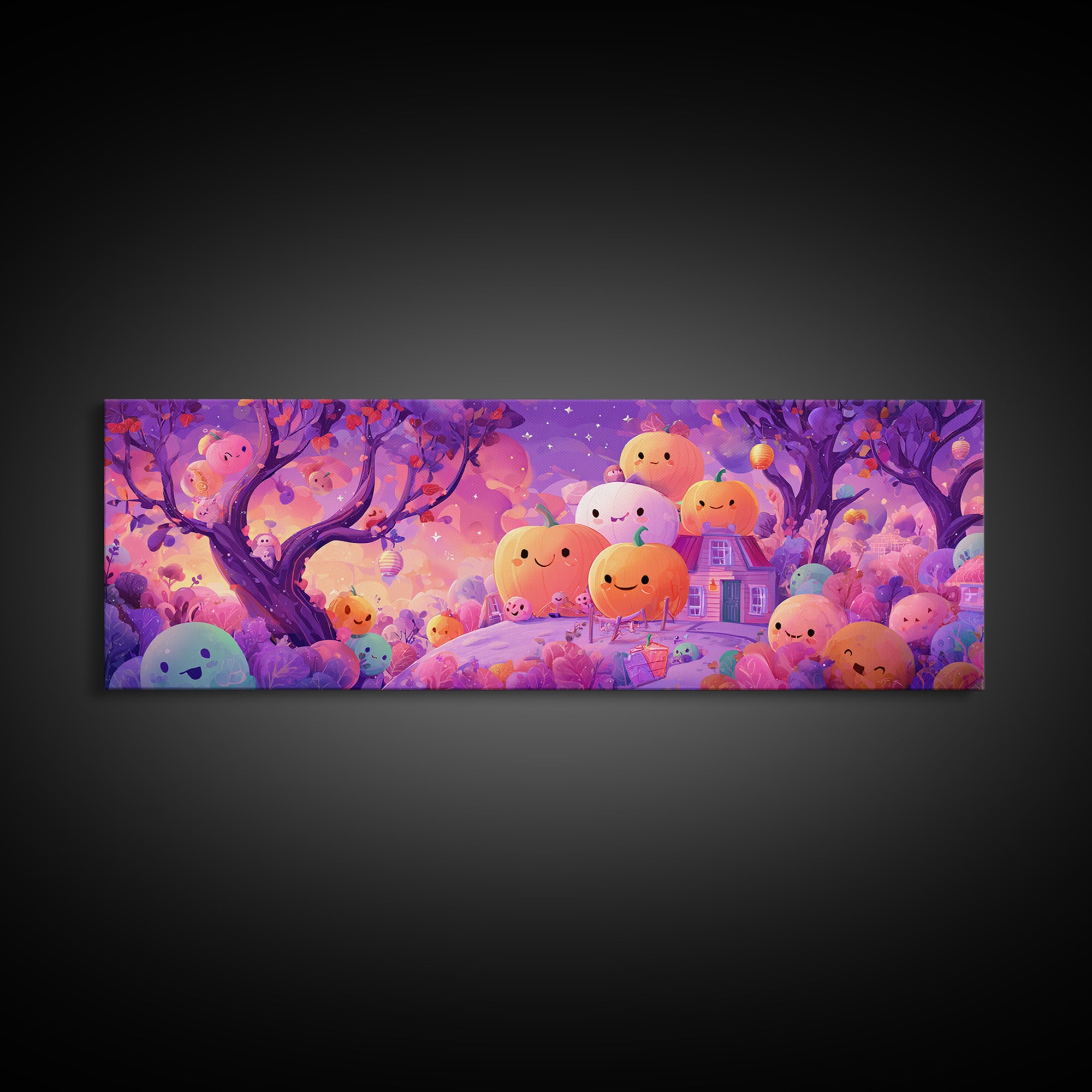 The Pumpkin Patch Playground, 80s Halloween Wall Art, Extra Wide Wall Art, Canvas Print, Retro Halloween Decor, Neon Wall Art
