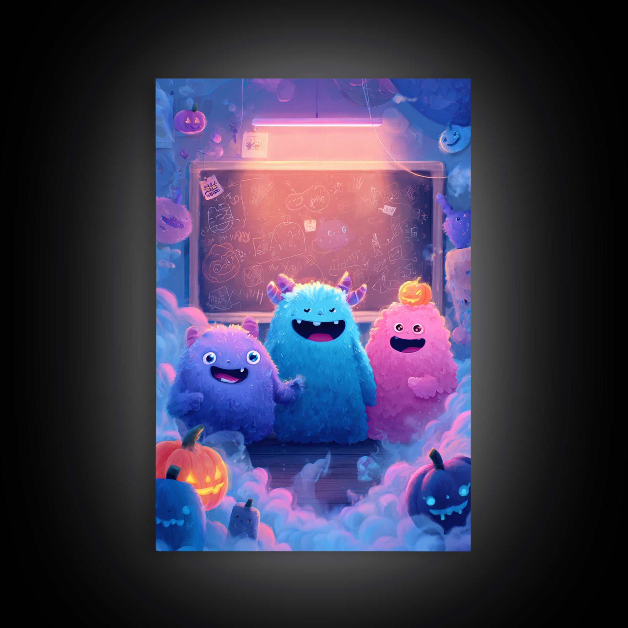 The Little Monster School, 80s Halloween Wall Art, Vertical Wall Art, Canvas Print, Retro Halloween Decor, Neon Wall Art, Spooky Wall Decor