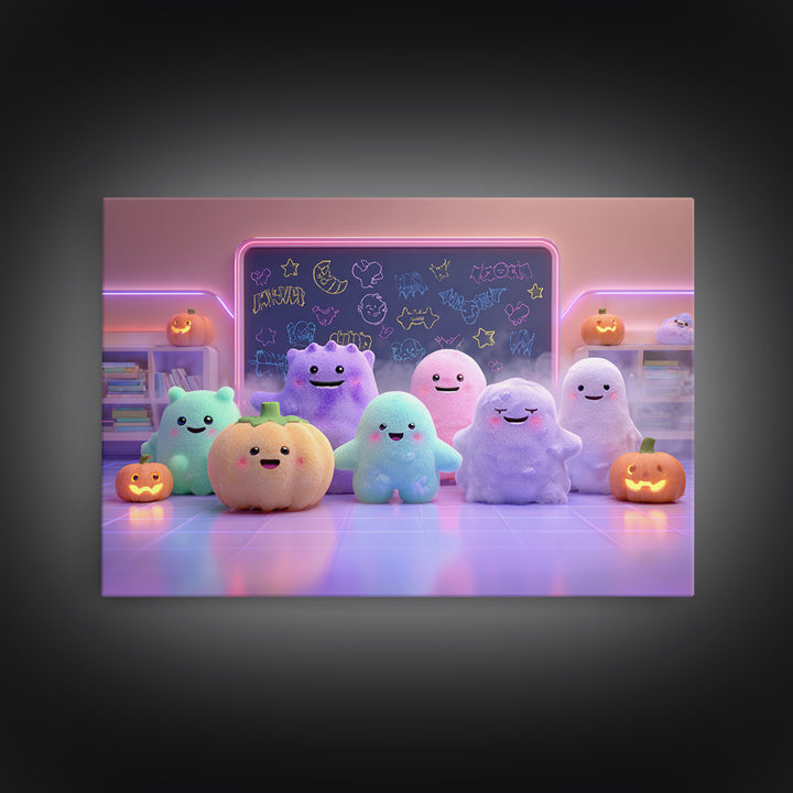 The Little Monster School, Cute Spooky Neon Art, Landscape Wall Art, Framed Canvas Print, Retro Halloween Decor, Neon Wall Art