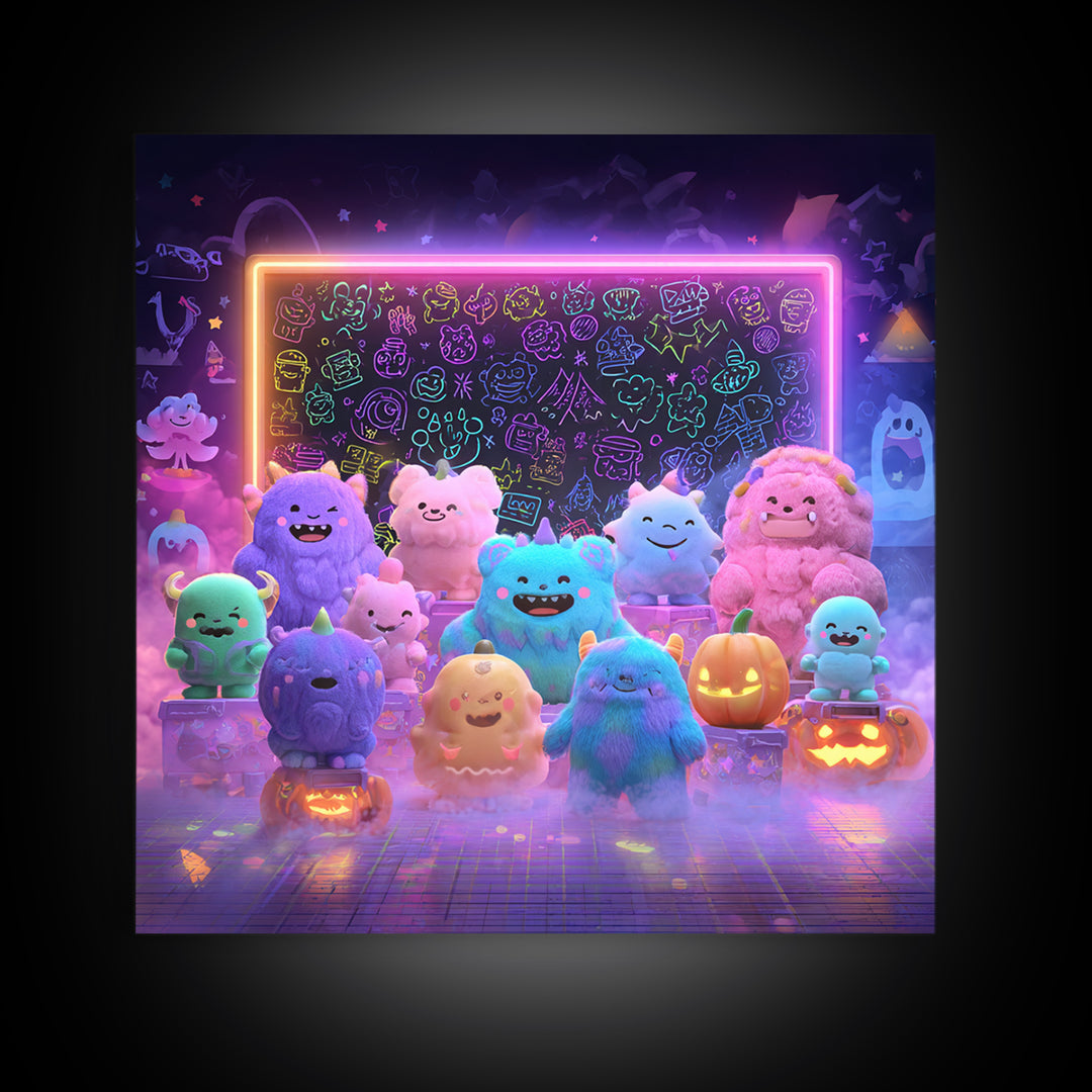 The Little Monster School, Synthwave Halloween Art, Square Wall Art, Canvas Print, Retro Halloween Decor, Neon Wall Art, Seasonal Home Decor