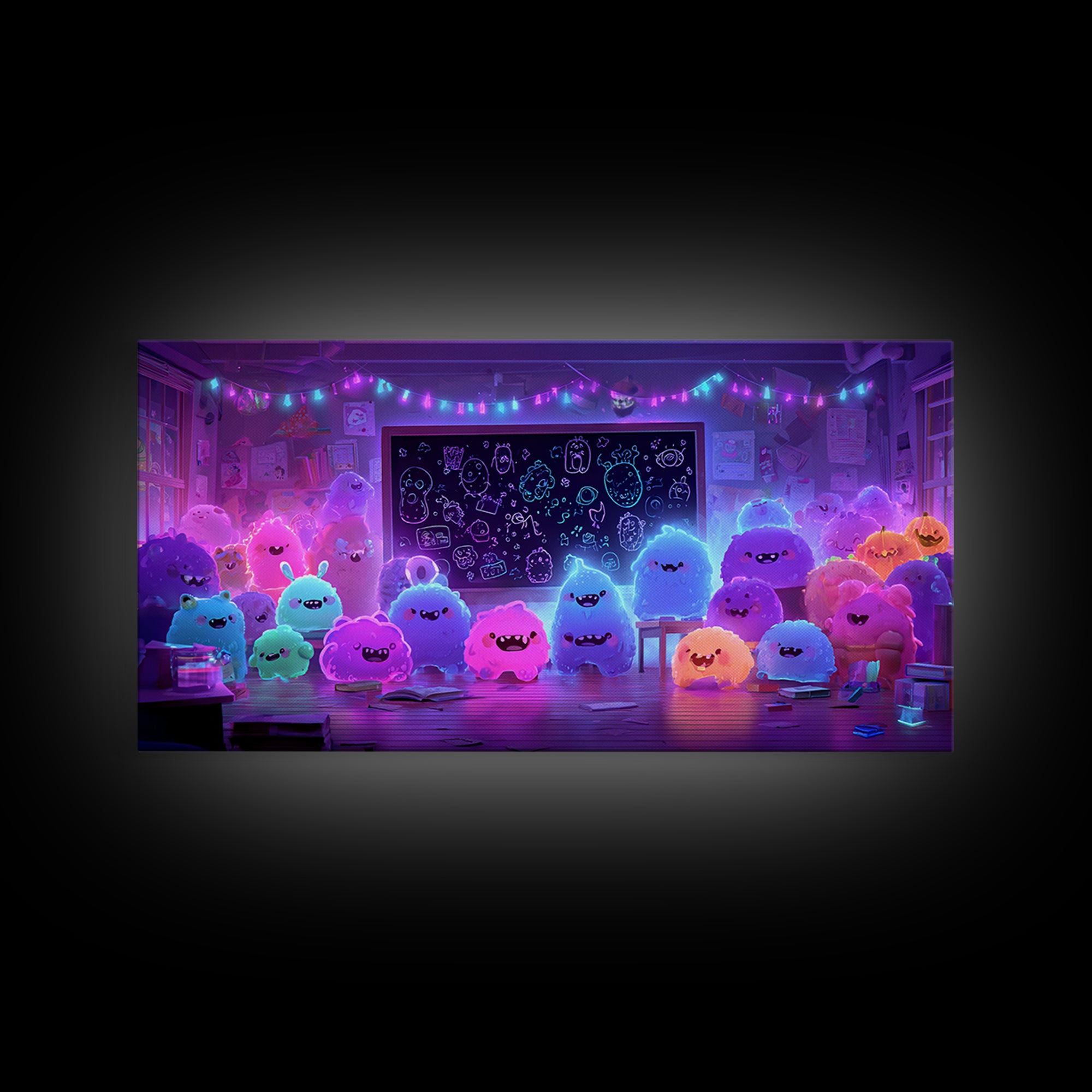 The Little Monster School, Vaporwave Halloween Decor, Wide Panoramic Art, Canvas Print, Retro Halloween Decor, Neon Wall Art