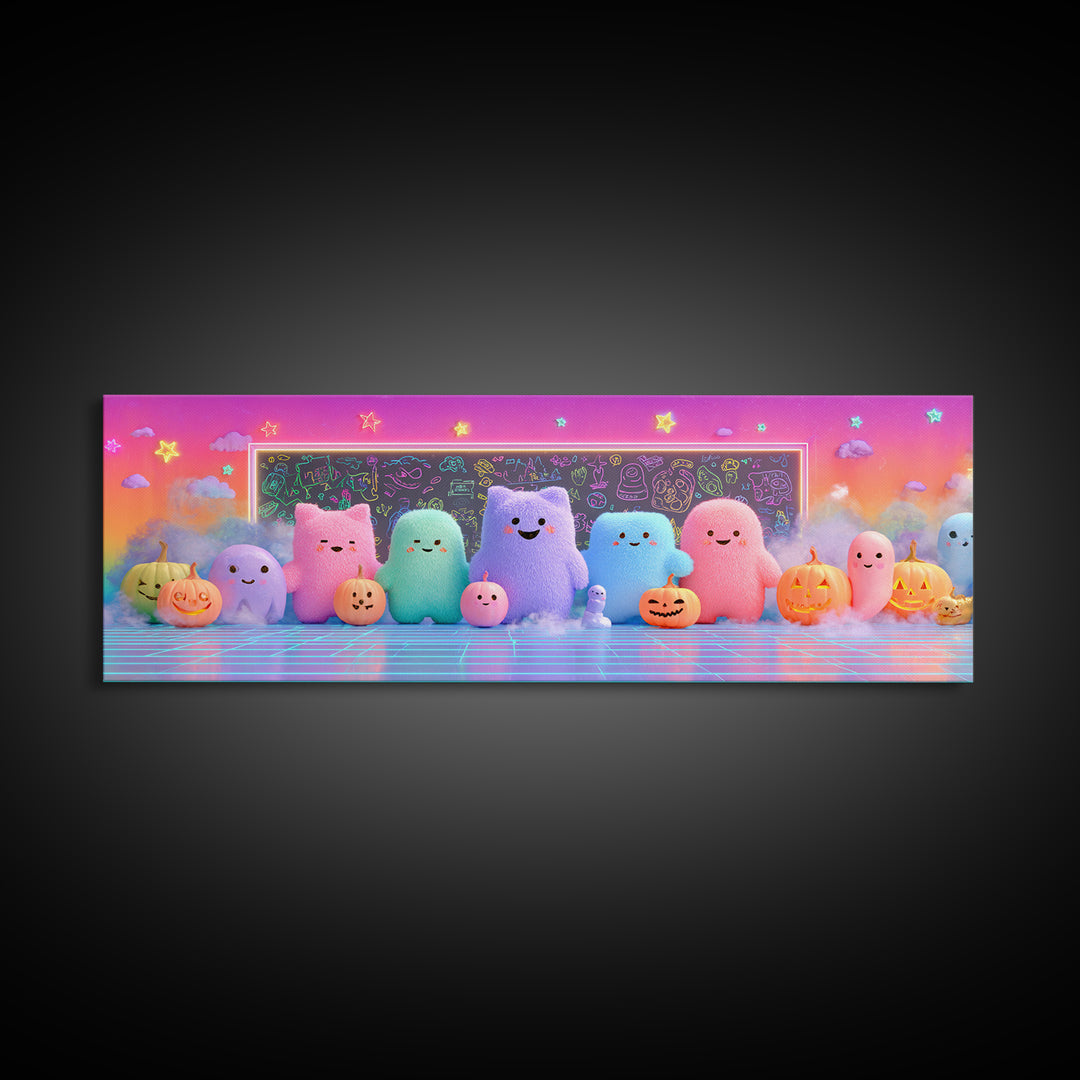 The Little Monster School, Retro Neon Halloween Art, Extra Wide Wall Art, Canvas Print, Retro Halloween Decor, Neon Wall Art