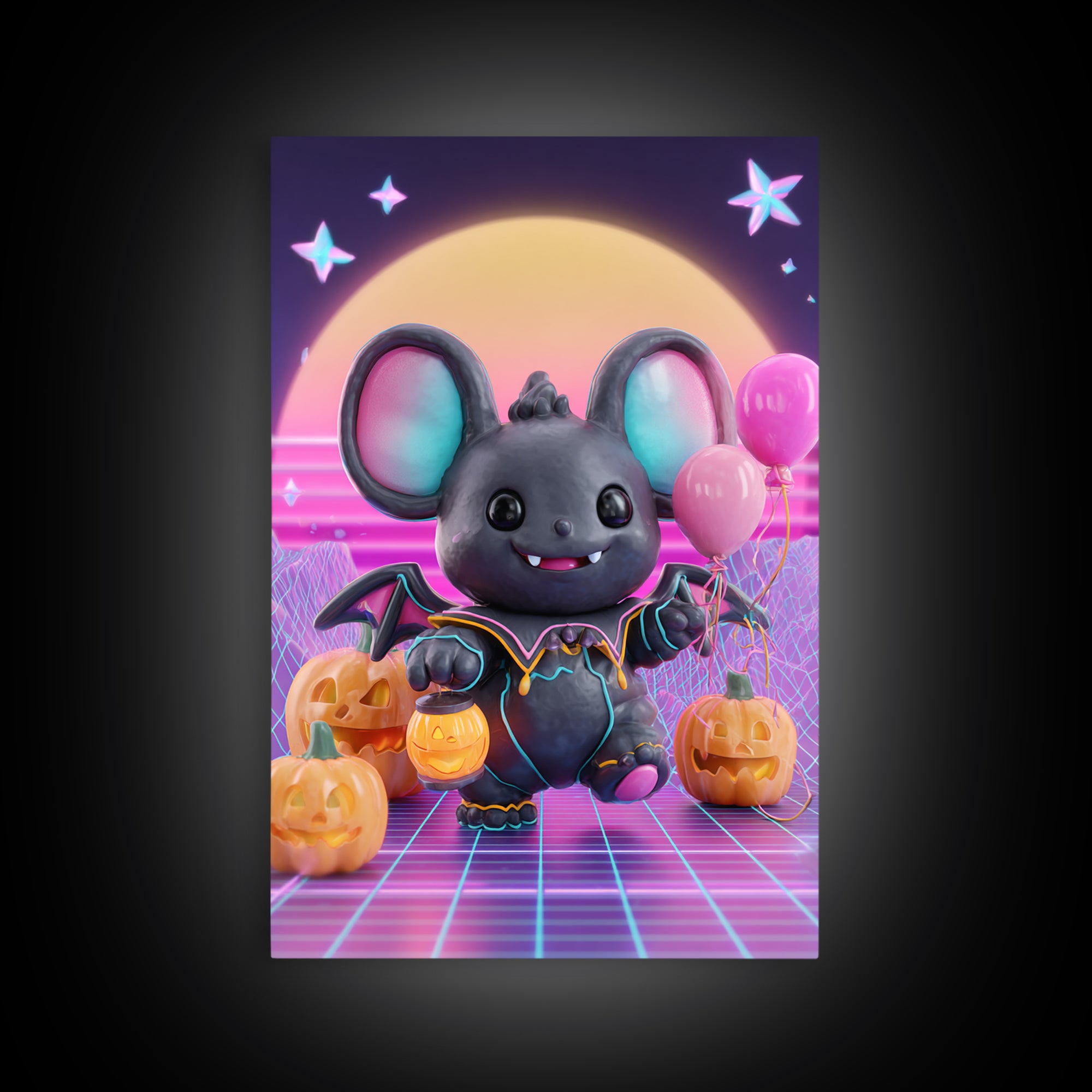 The Bat Balloon Factory, Cute Spooky Neon Art, Vertical Wall Art, Canvas Print, Retro Halloween Decor, Neon Wall Art, Collectible Wall Decor