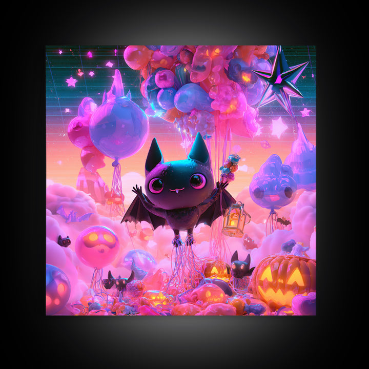 The Bat Balloon Factory, Synthwave Halloween Art, Square Wall Art, Canvas Print, Retro Halloween Decor, Neon Wall Art, Macabre Wall Art
