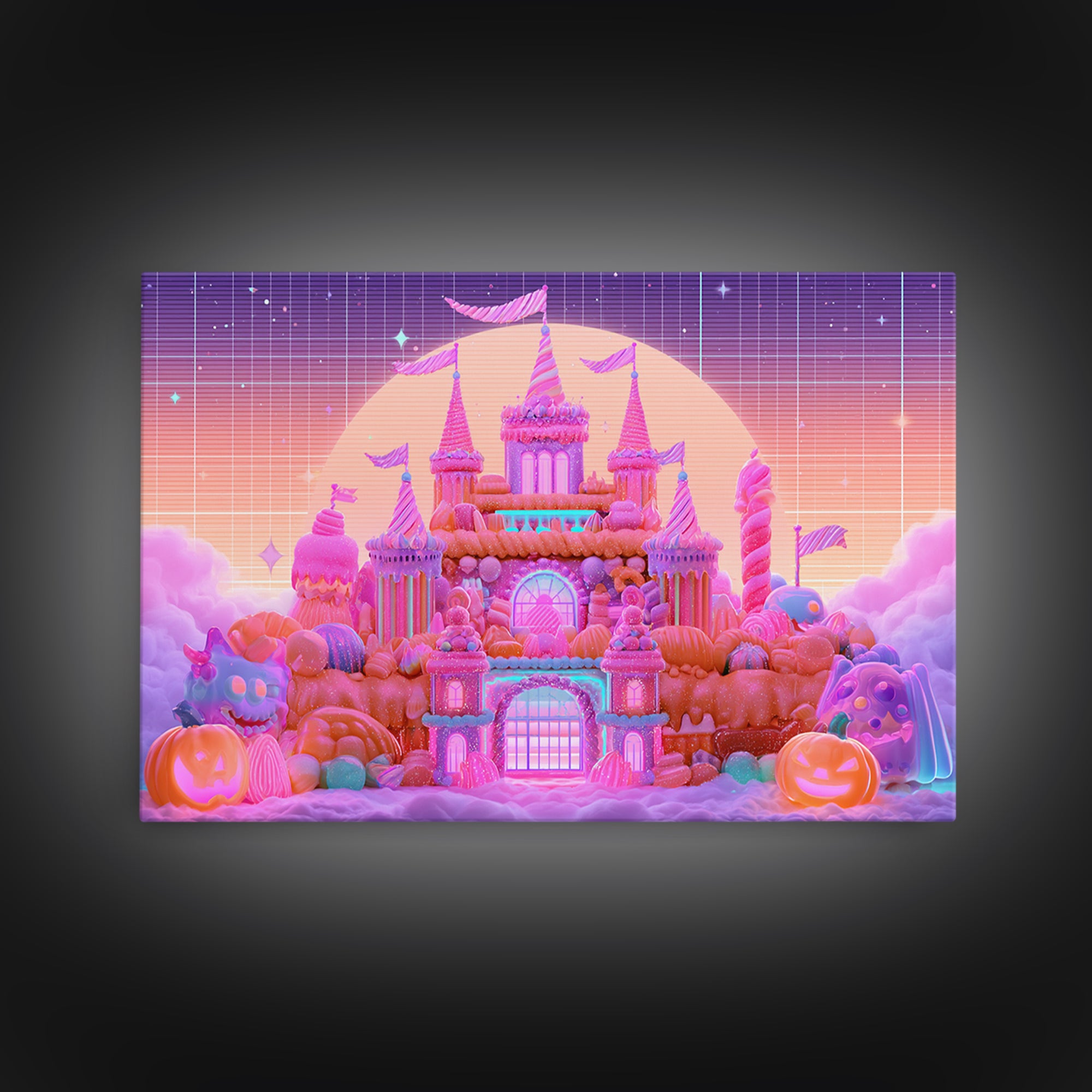 The Candy Castle, Retro Neon Halloween Art, Landscape Wall Art, Framed Canvas Print, Retro Halloween Decor, Neon Wall Art