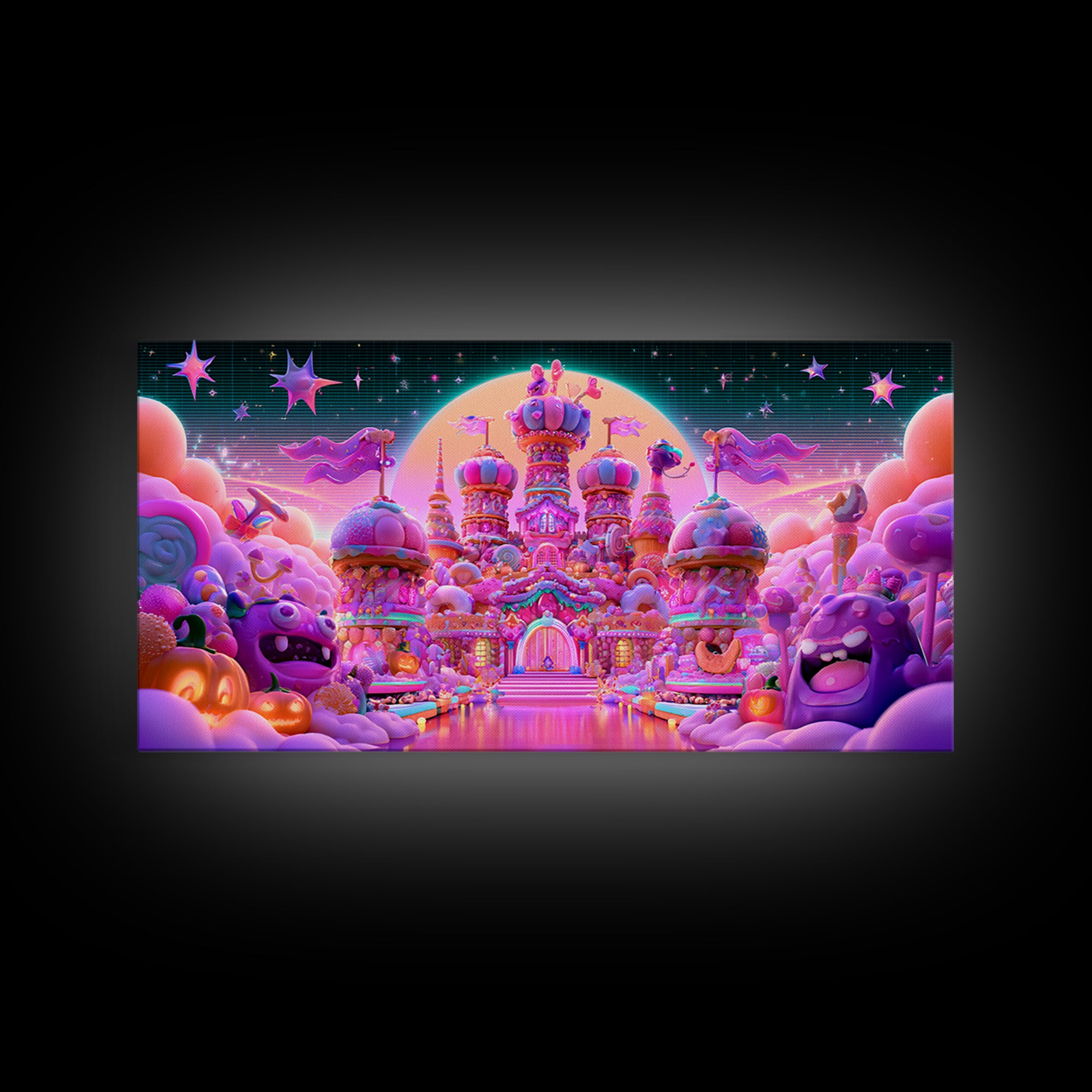 The Candy Castle, Vaporwave Halloween Decor, Wide Panoramic Art, Canvas Print, Retro Halloween Decor, Neon Wall Art, Horror Wall Art