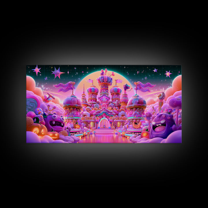 The Candy Castle, Vaporwave Halloween Decor, Wide Panoramic Art, Canvas Print, Retro Halloween Decor, Neon Wall Art, Horror Wall Art