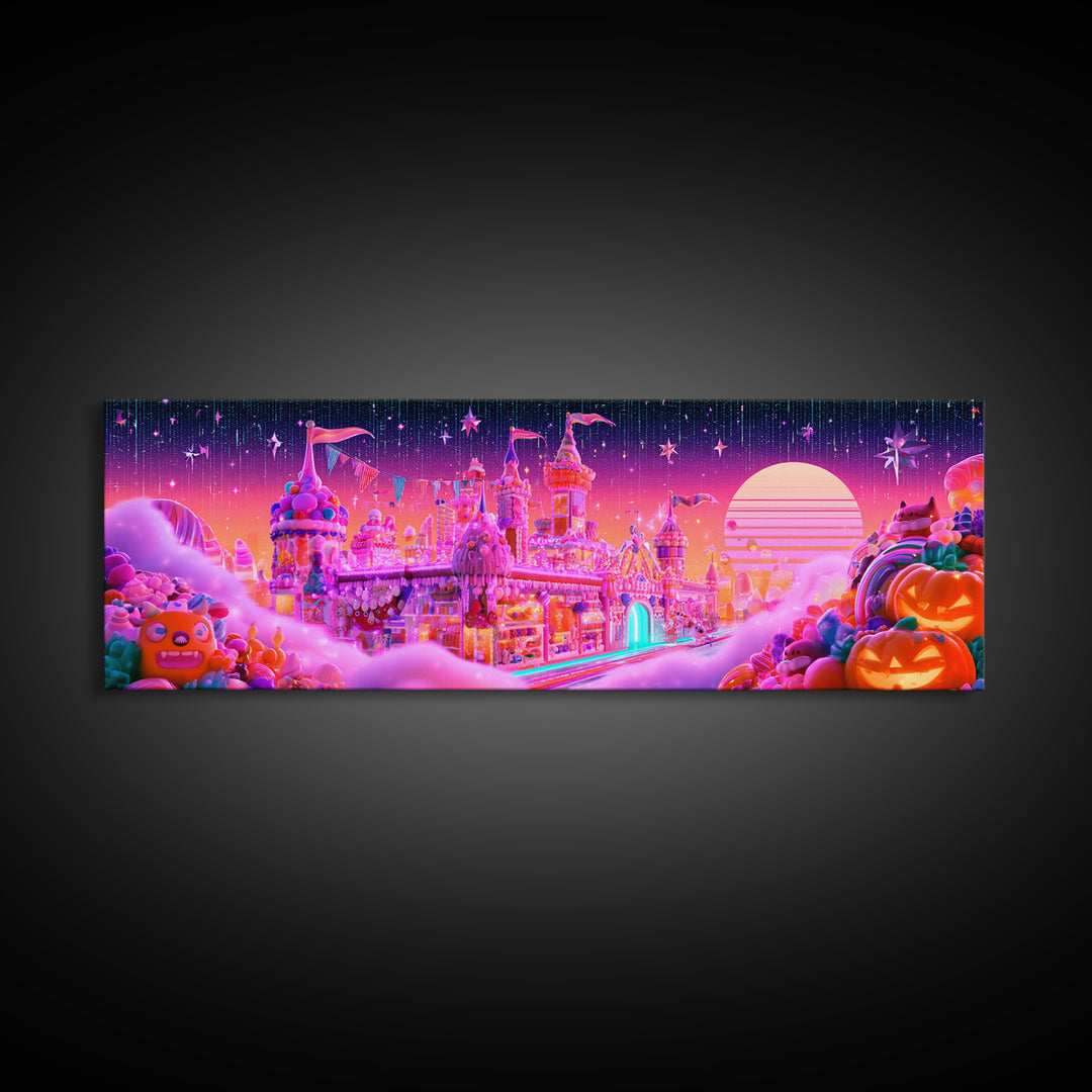The Candy Castle, Vaporwave Halloween Decor, Extra Wide Wall Art, Canvas Print, Retro Halloween Decor, Neon Wall Art, Spooky Wall Decor