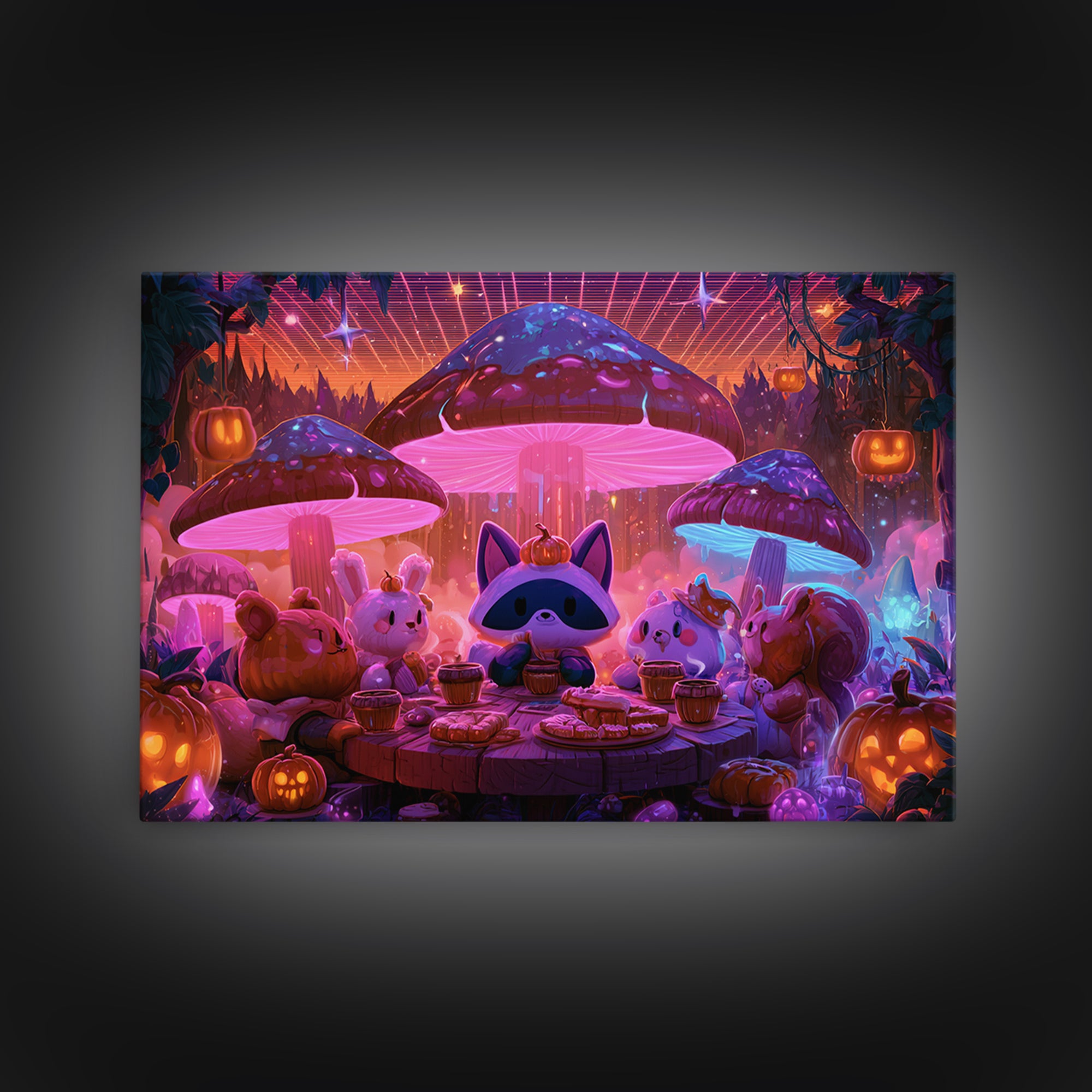 The Friendly Forest Cafe, Synthwave Halloween Art, Landscape Wall Art, Framed Canvas Print, Retro Halloween Decor, Neon Wall Art