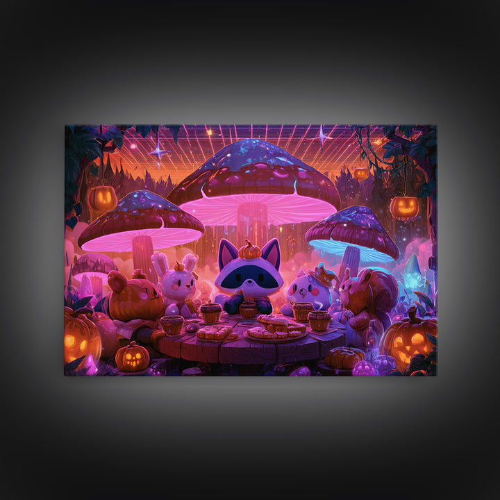 The Friendly Forest Cafe, Synthwave Halloween Art, Landscape Wall Art, Framed Canvas Print, Retro Halloween Decor, Neon Wall Art