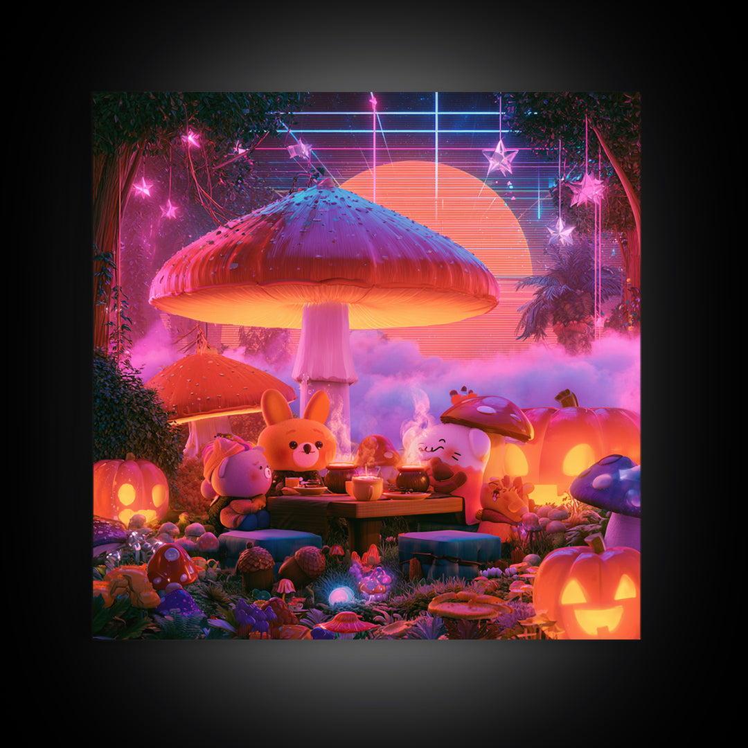The Friendly Forest Cafe, Synthwave Halloween Art, Square Wall Art, Canvas Print, Retro Halloween Decor, Neon Wall Art, Dark Fantasy Art