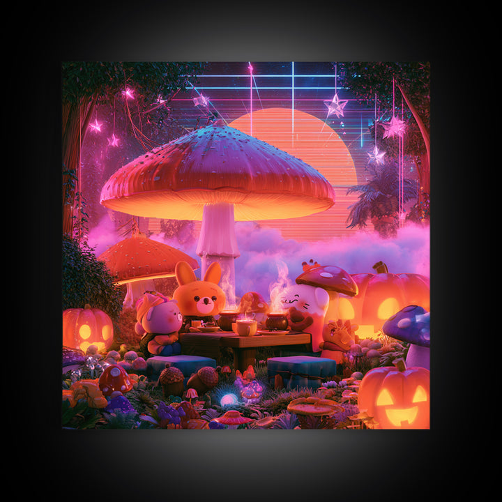 The Friendly Forest Cafe, Synthwave Halloween Art, Square Wall Art, Canvas Print, Retro Halloween Decor, Neon Wall Art, Dark Fantasy Art