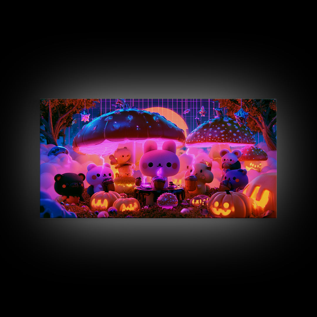 The Friendly Forest Cafe, Retro Neon Halloween Art, Wide Panoramic Art, Framed Canvas Print, Retro Halloween Decor, Neon Wall Art