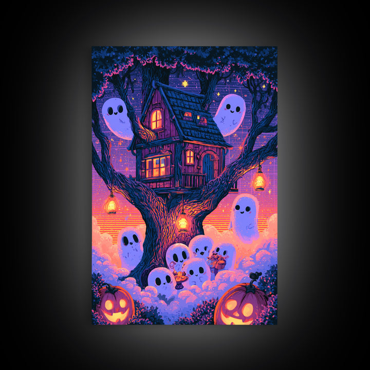 The Ghostly Treehouse, Vaporwave Halloween Decor, Vertical Wall Art, Canvas Print, Retro Halloween Decor, Neon Wall Art, Statement Wall Art