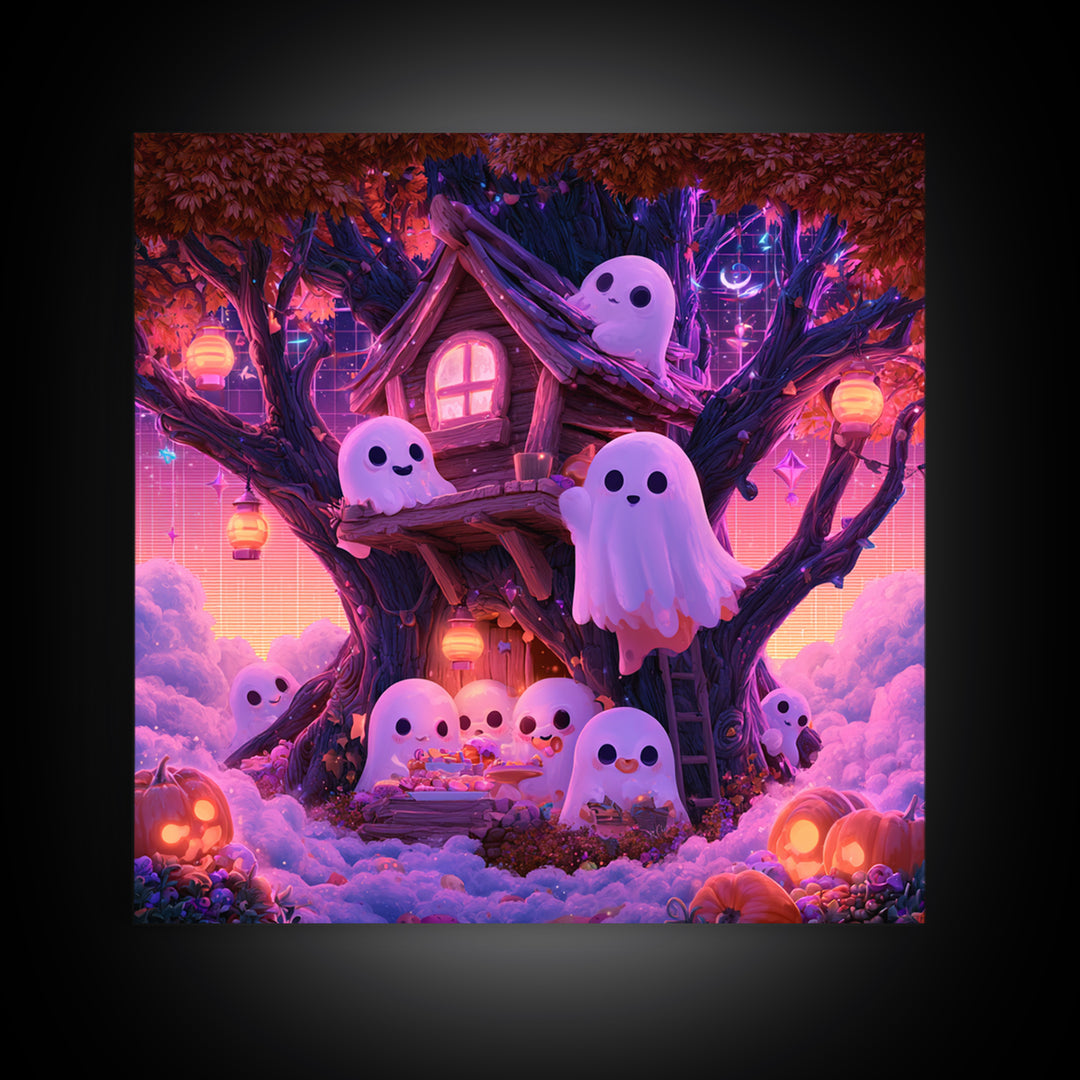 The Ghostly Treehouse, 80s Halloween Wall Art, Square Wall Art, Framed Canvas Print, Retro Halloween Decor, Neon Wall Art