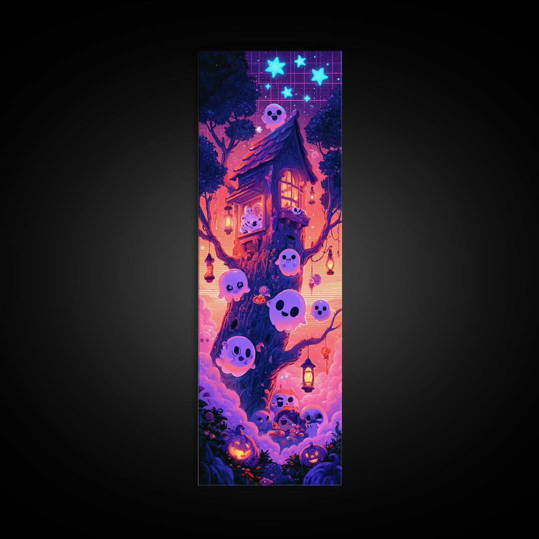 The Ghostly Treehouse, Synthwave Halloween Art, Tall Narrow Wall Art, Canvas Print, Retro Halloween Decor, Neon Wall Art, Macabre Wall Art