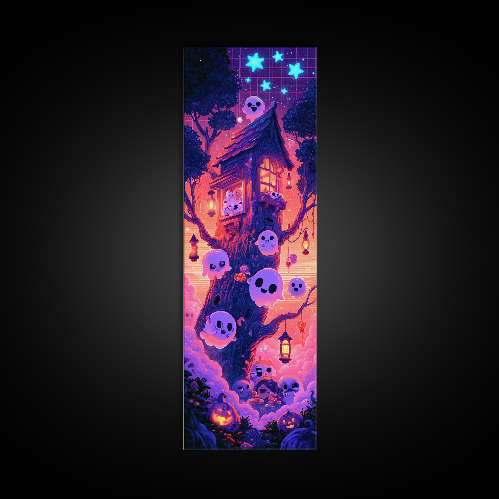 The Ghostly Treehouse, Synthwave Halloween Art, Tall Narrow Wall Art, Canvas Print, Retro Halloween Decor, Neon Wall Art, Macabre Wall Art