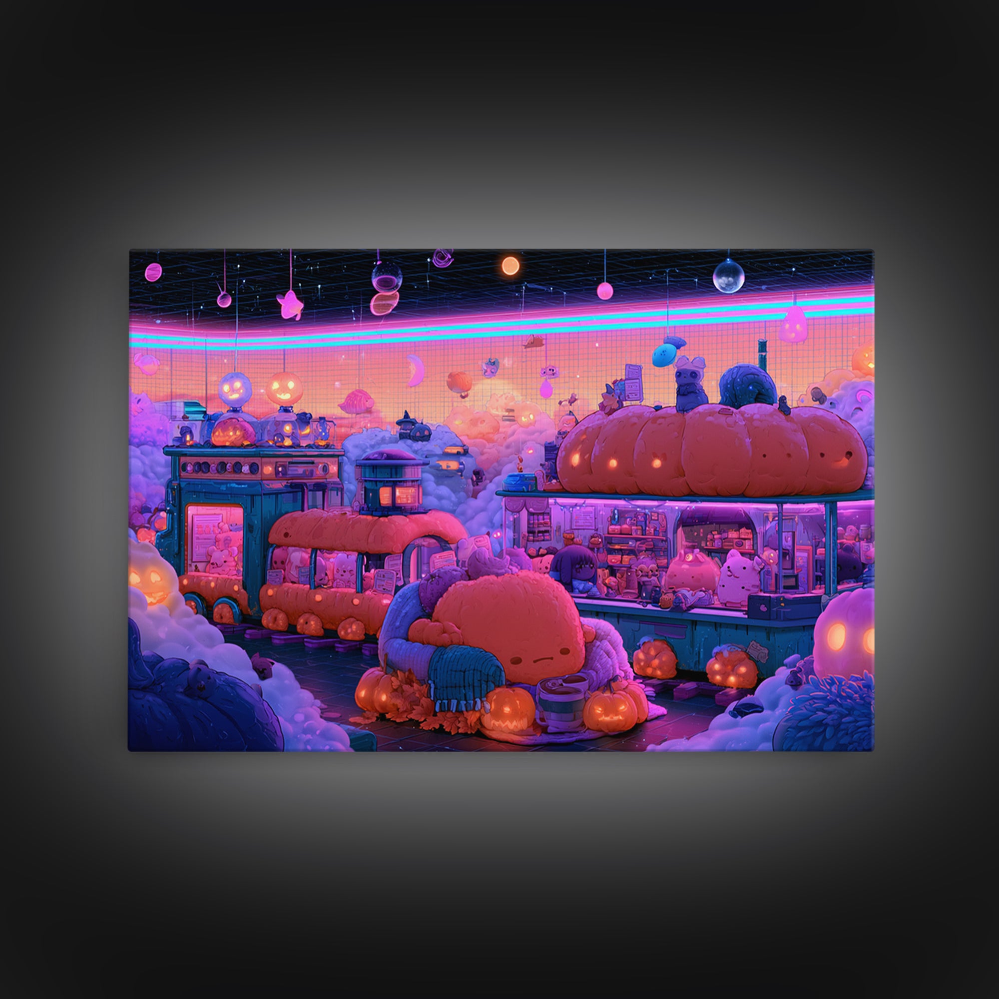 The Pumpkin Train Station, Cute Spooky Neon Art, Landscape Wall Art, Framed Canvas Print, Retro Halloween Decor, Neon Wall Art