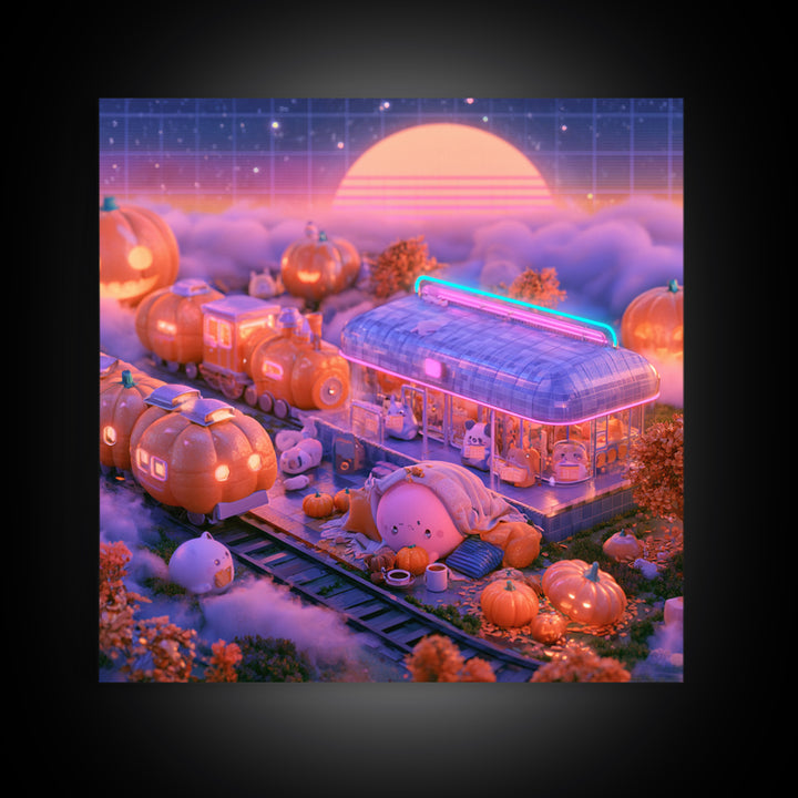 The Pumpkin Train Station, Cute Spooky Neon Art, Square Wall Art, Canvas Print, Retro Halloween Decor, Neon Wall Art, Gothic Home Decor