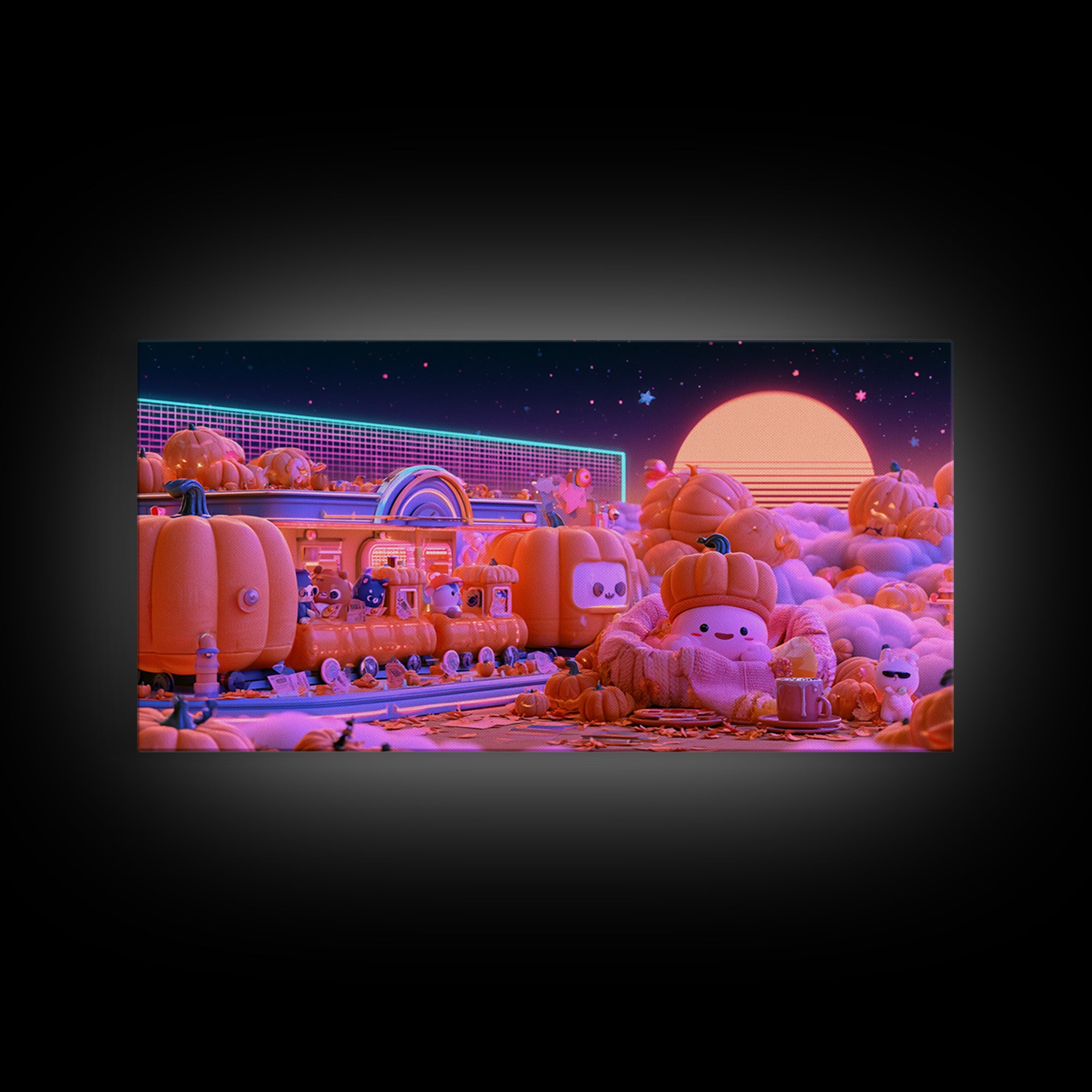 The Pumpkin Train Station, 80s Halloween Wall Art, Wide Panoramic Art, Framed Canvas Print, Retro Halloween Decor, Neon Wall Art