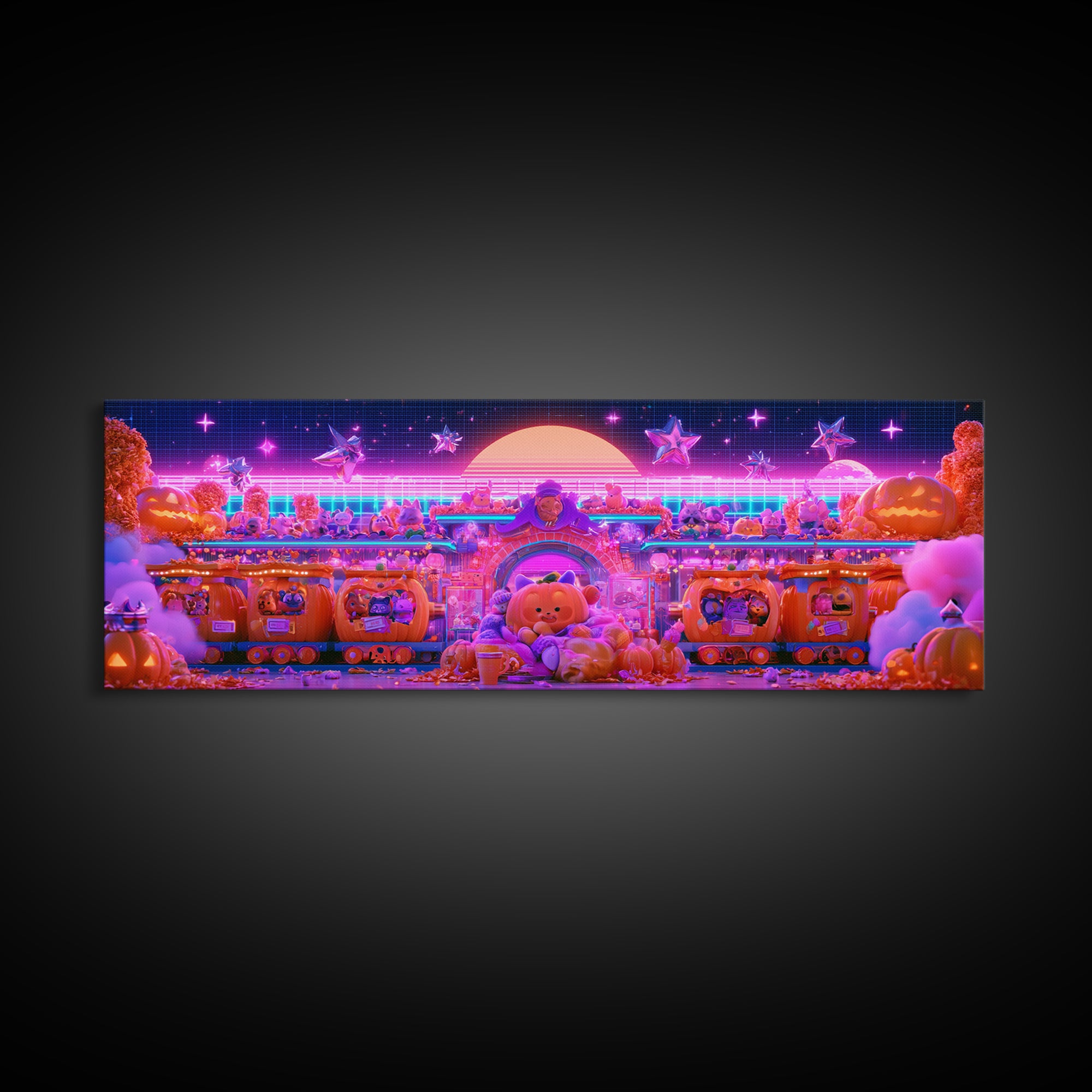 The Pumpkin Train Station, Cute Spooky Neon Art, Extra Wide Wall Art, Framed Canvas Print, Retro Halloween Decor, Neon Wall Art