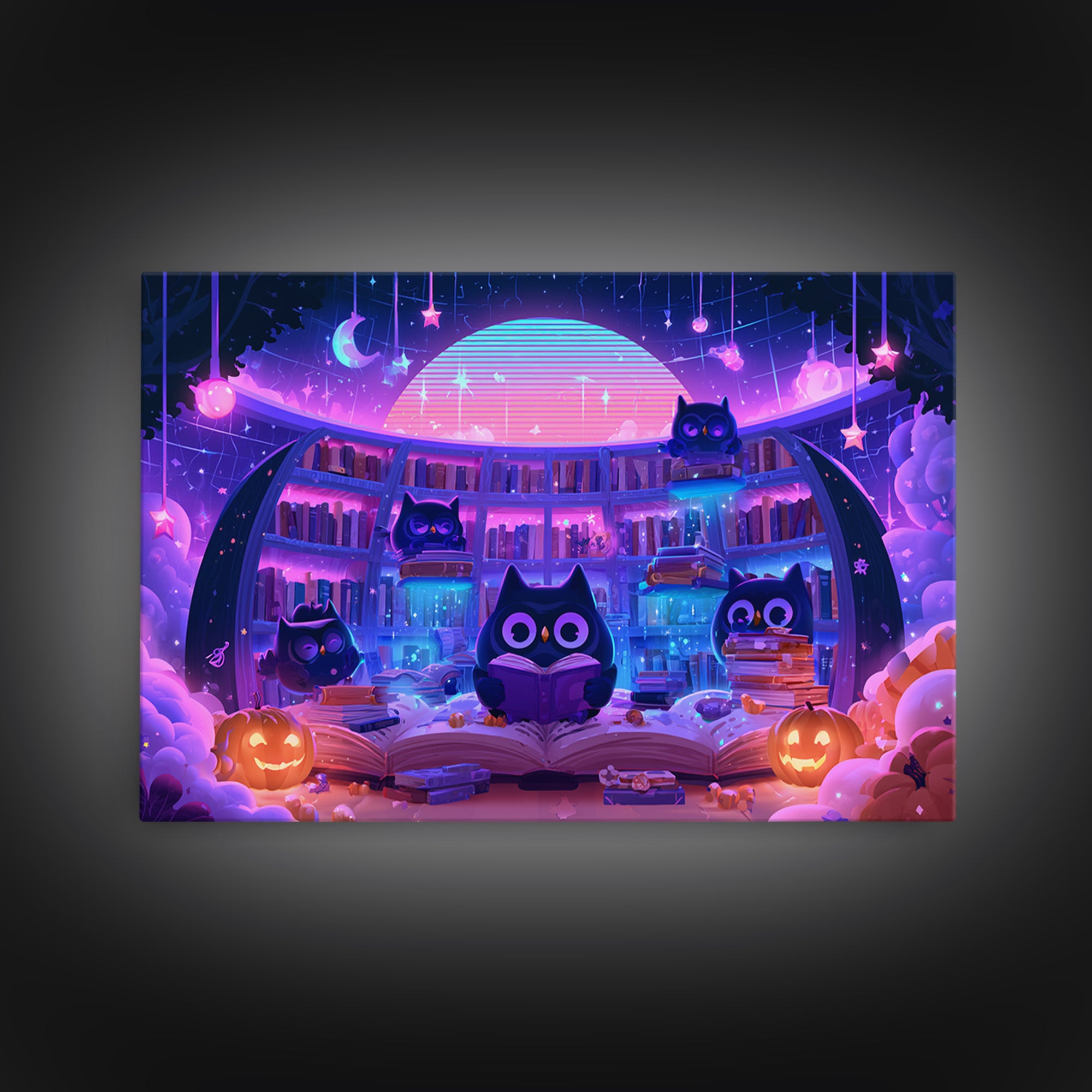 The Moonbeam Library, Synthwave Halloween Art, Landscape Wall Art, Canvas Print, Retro Halloween Decor, Neon Wall Art, Horror Wall Art