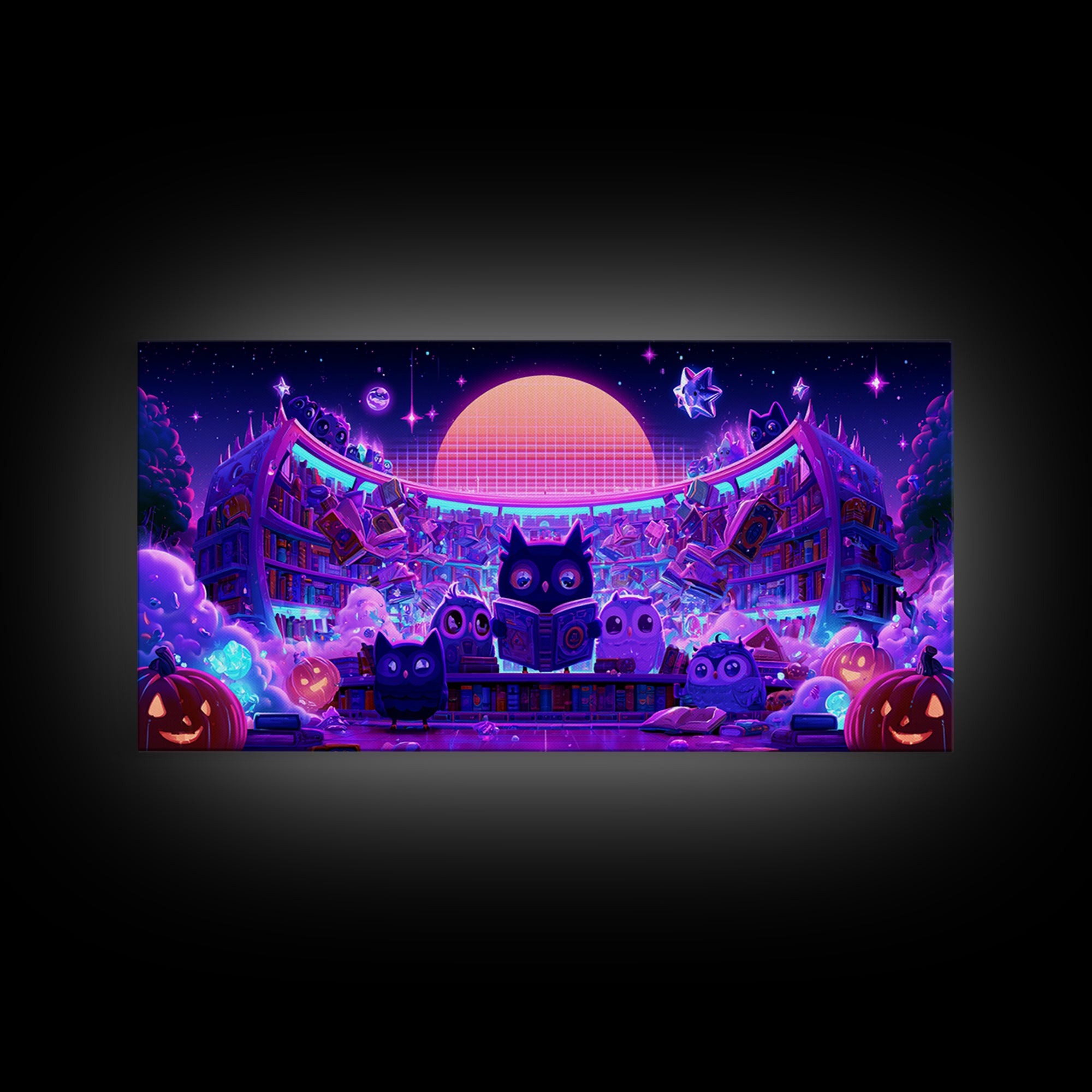 The Moonbeam Library, Vaporwave Halloween Decor, Wide Panoramic Art, Canvas Print, Retro Halloween Decor, Neon Wall Art, Macabre Wall Art