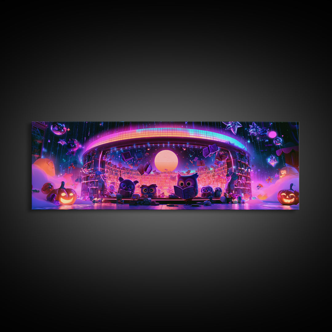 The Moonbeam Library, Cute Spooky Neon Art, Extra Wide Wall Art, Framed Canvas Print, Retro Halloween Decor, Neon Wall Art, Dark Fantasy Art