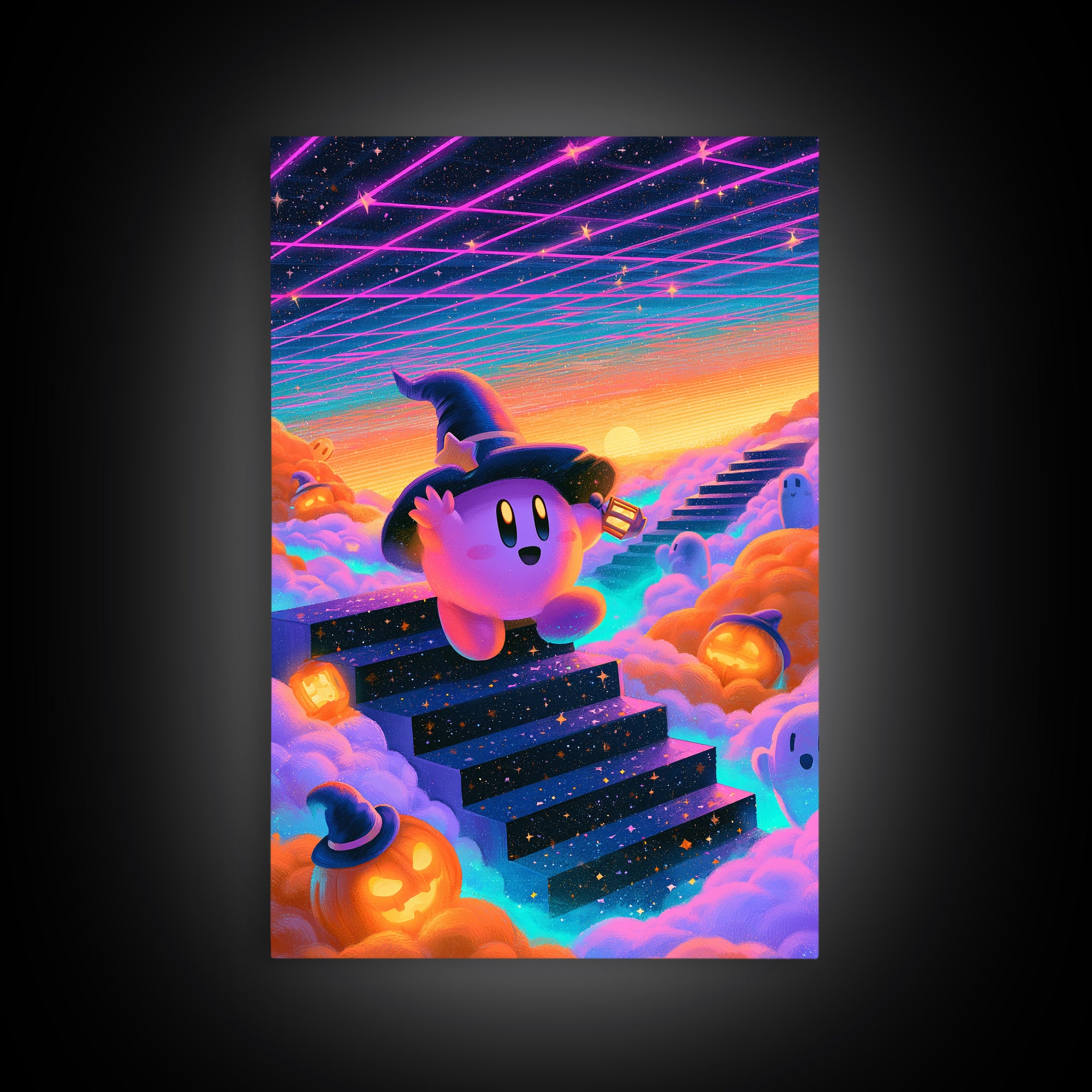 The Halloween Cloud Kingdom, Vaporwave Halloween Decor, Vertical Wall Art, Canvas Print, Retro Halloween Decor, Neon Wall Art