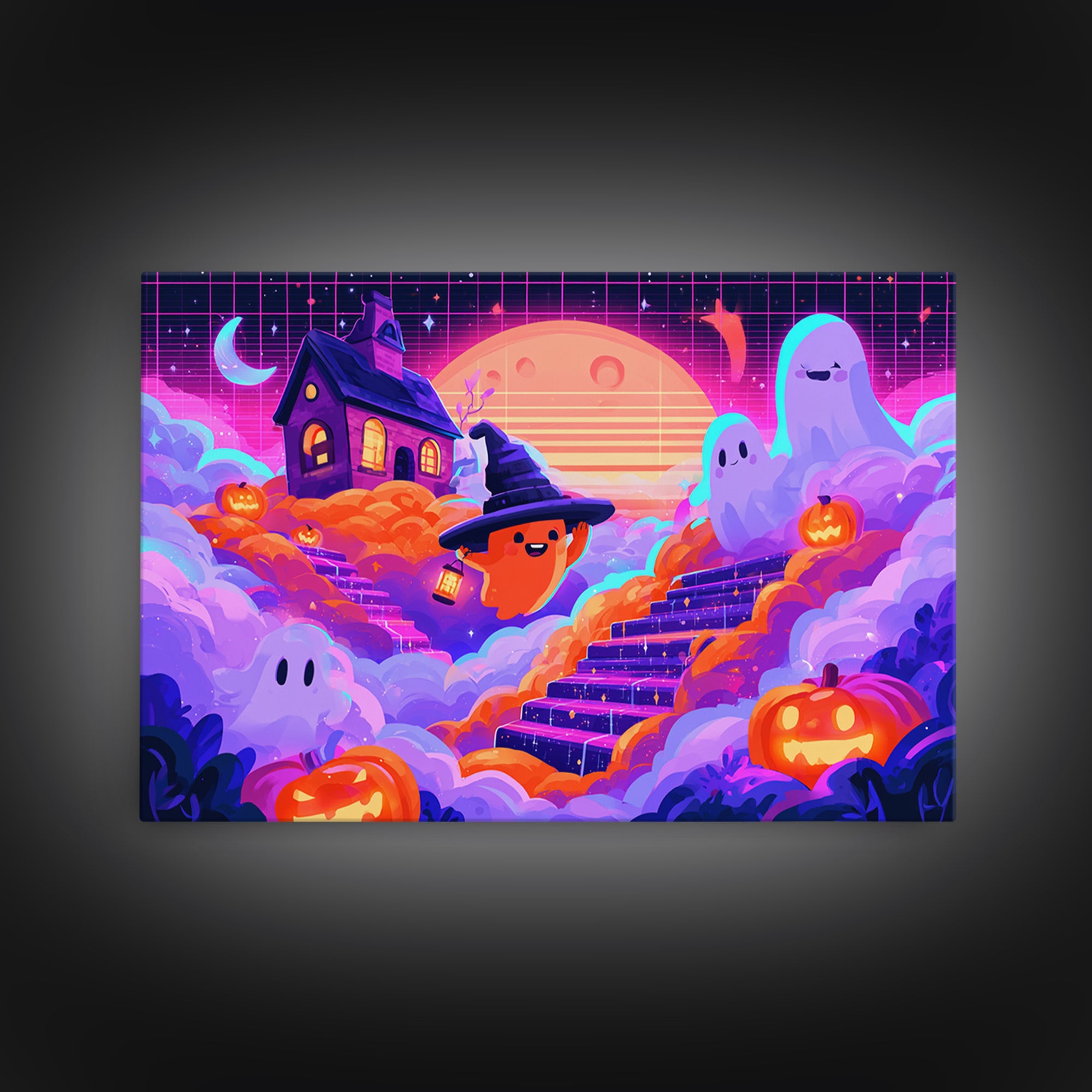 The Halloween Cloud Kingdom, 80s Halloween Wall Art, Landscape Wall Art, Framed Canvas Print, Retro Halloween Decor, Neon Wall Art
