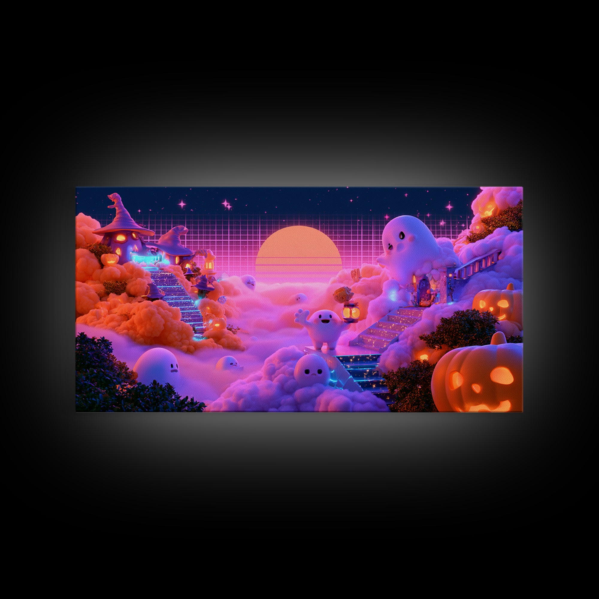 The Halloween Cloud Kingdom, Synthwave Halloween Art, Wide Panoramic Art, Canvas Print, Retro Halloween Decor, Neon Wall Art