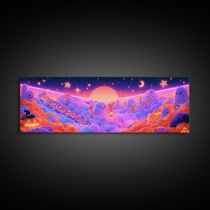 The Halloween Cloud Kingdom, Retro Neon Halloween Art, Extra Wide Wall Art, Framed Canvas Print, Retro Halloween Decor, Neon Wall Art