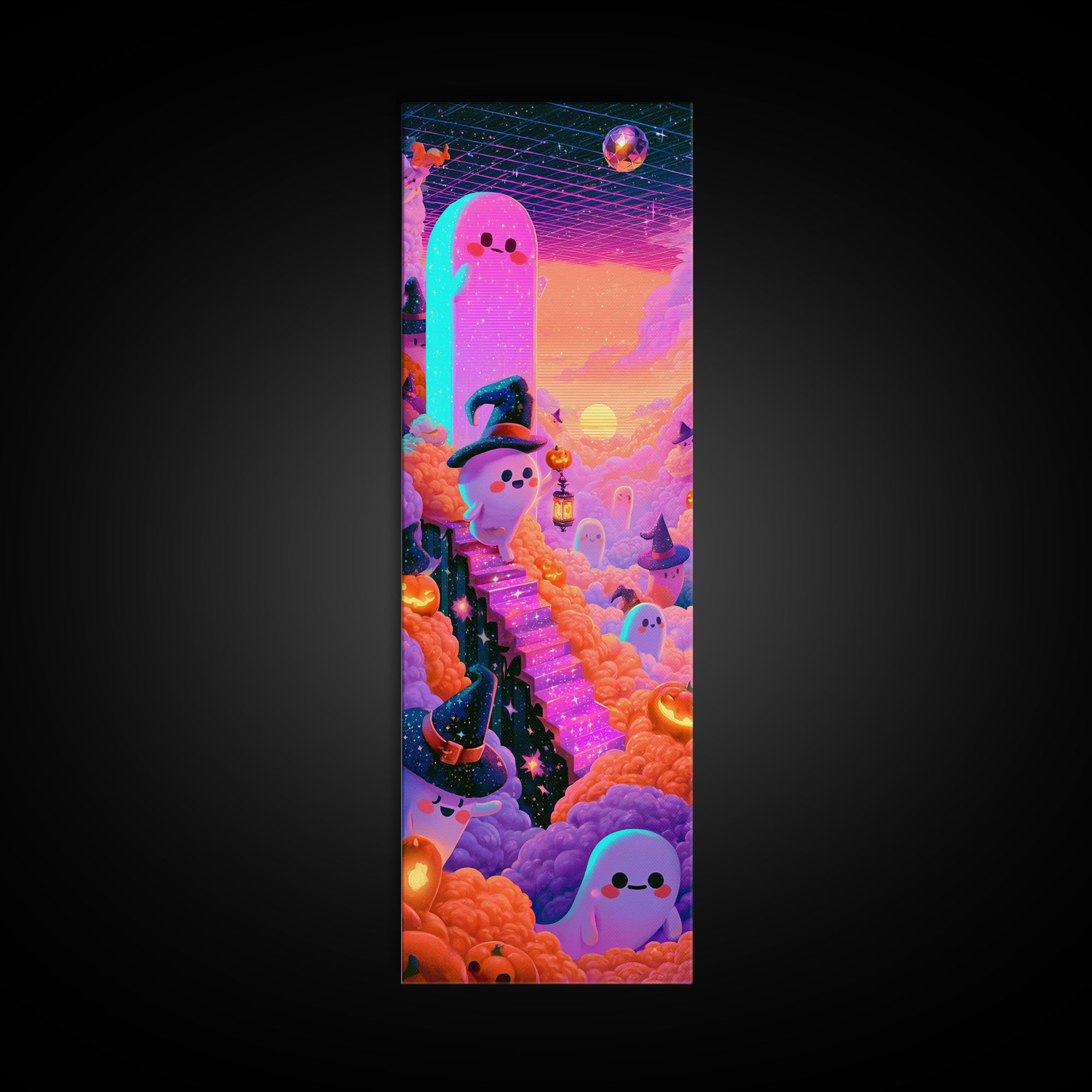 The Halloween Cloud Kingdom, Cute Spooky Neon Art, Tall Narrow Wall Art, Framed Canvas Print, Retro Halloween Decor, Neon Wall Art