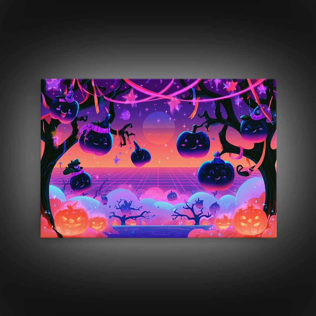 The Enchanted Apple Orchard, Vaporwave Halloween Decor, Landscape Wall Art, Canvas Print, Retro Halloween Decor, Neon Wall Art