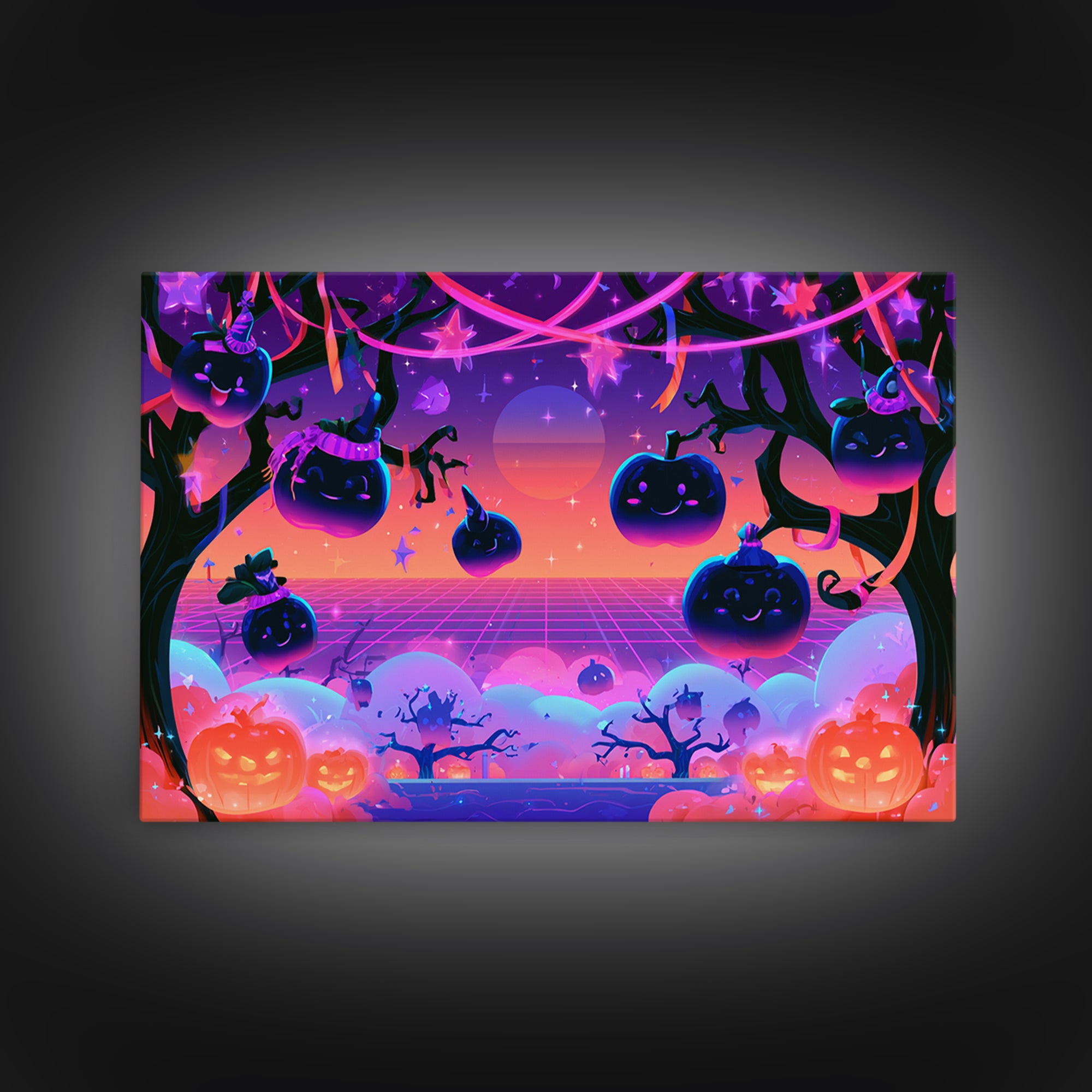 The Enchanted Apple Orchard, Vaporwave Halloween Decor, Landscape Wall Art, Canvas Print, Retro Halloween Decor, Neon Wall Art