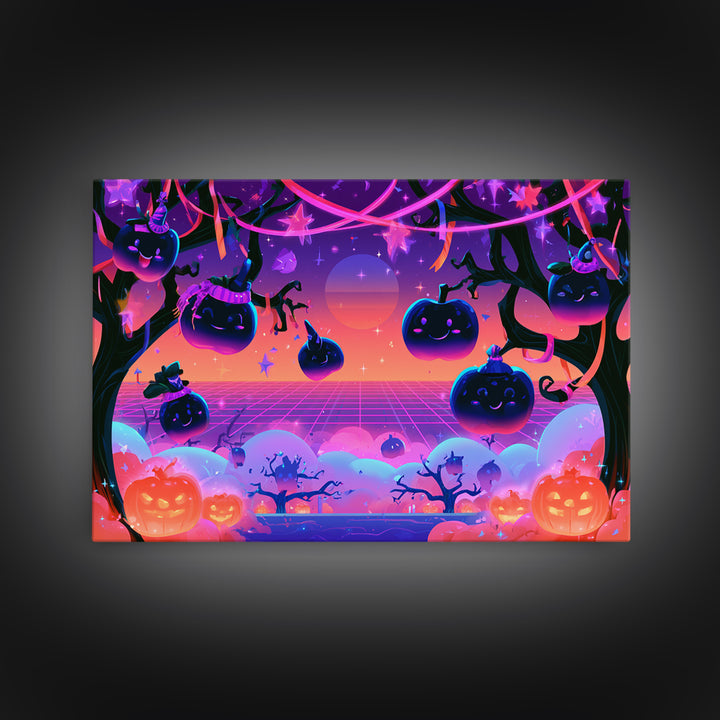 The Enchanted Apple Orchard, Vaporwave Halloween Decor, Landscape Wall Art, Canvas Print, Retro Halloween Decor, Neon Wall Art