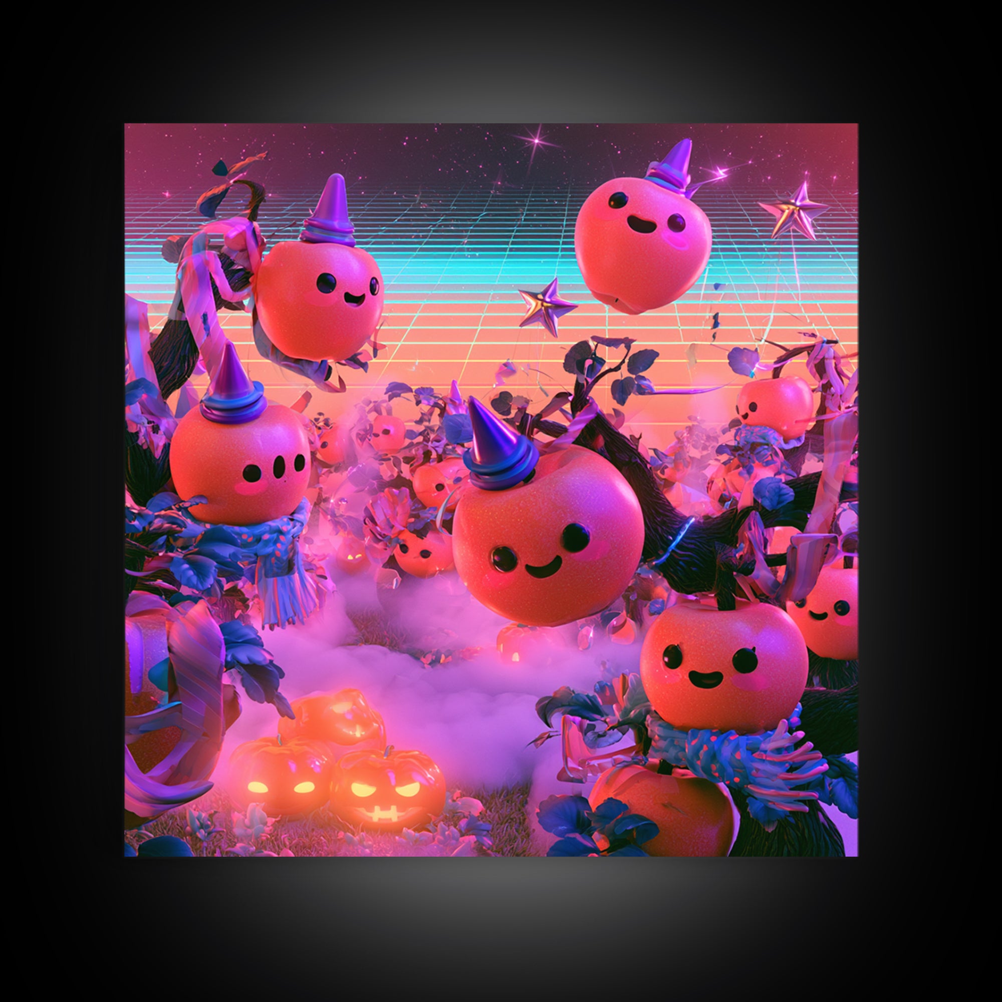 The Enchanted Apple Orchard, 80s Halloween Wall Art, Square Wall Art, Framed Canvas Print, Retro Halloween Decor, Neon Wall Art