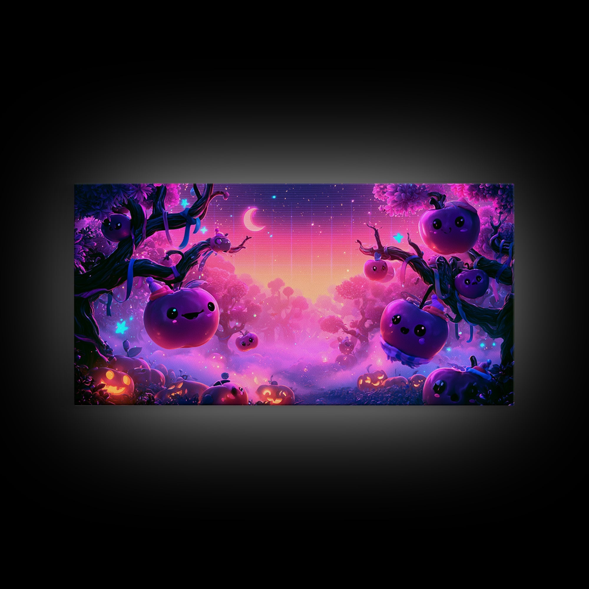 The Enchanted Apple Orchard, 80s Halloween Wall Art, Wide Panoramic Art, Canvas Print, Retro Halloween Decor, Neon Wall Art