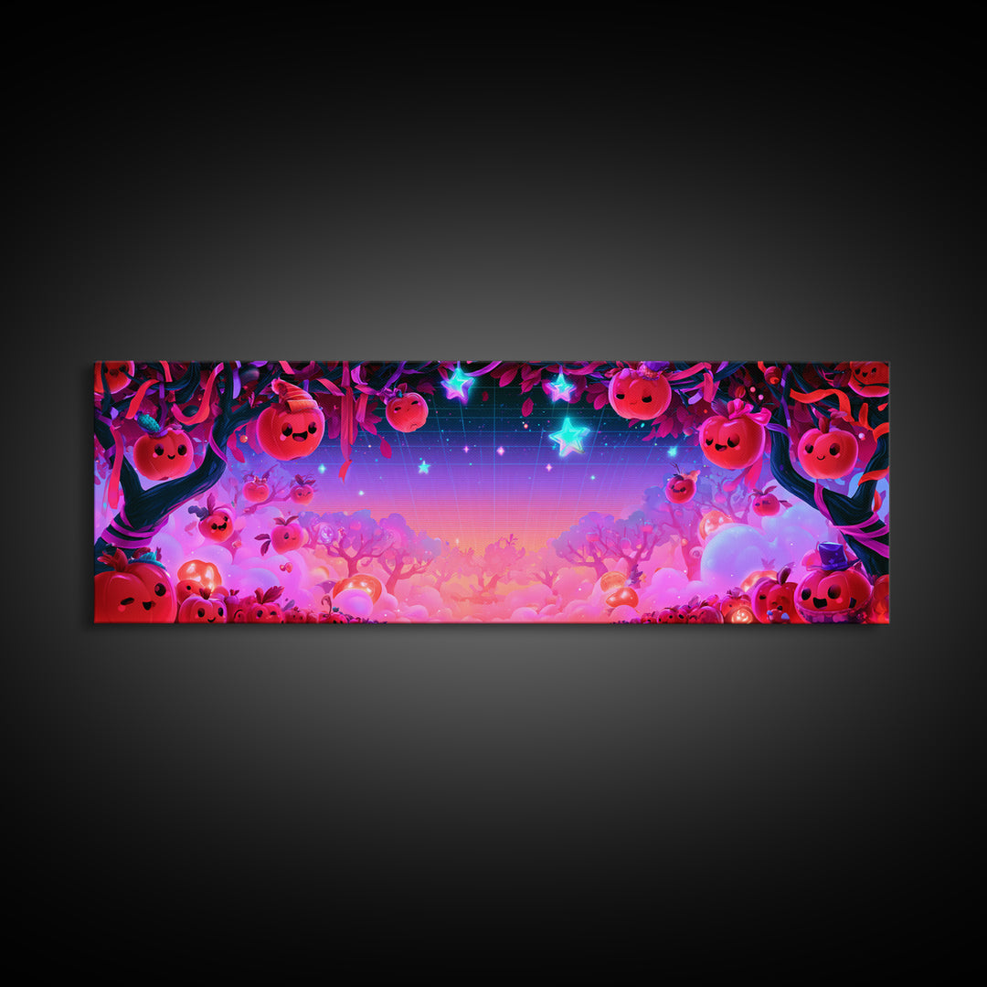 The Enchanted Apple Orchard, Retro Neon Halloween Art, Extra Wide Wall Art, Framed Canvas Print, Retro Halloween Decor, Neon Wall Art