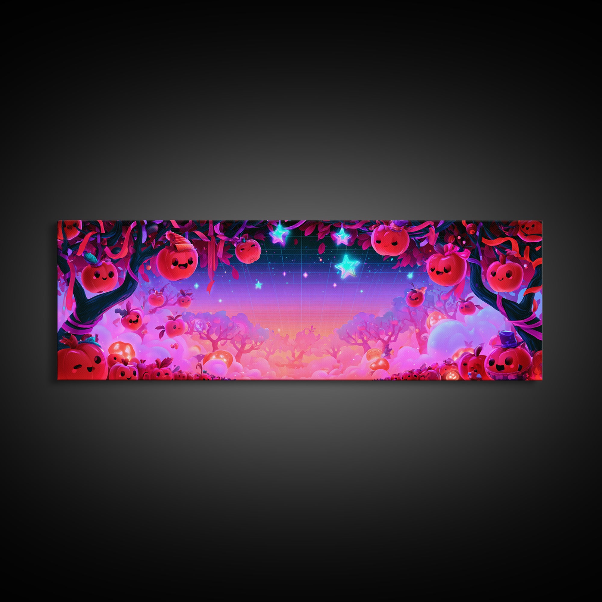 The Enchanted Apple Orchard, Retro Neon Halloween Art, Extra Wide Wall Art, Framed Canvas Print, Retro Halloween Decor, Neon Wall Art