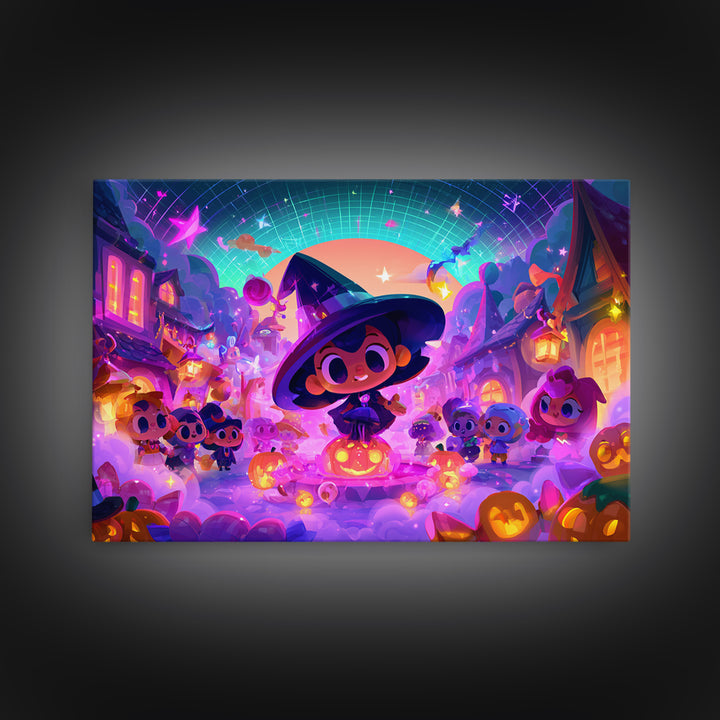 The Trick-Or-Treat Village Square, Synthwave Halloween Art, Landscape Wall Art, Framed Canvas Print, Retro Halloween Decor, Neon Wall Art