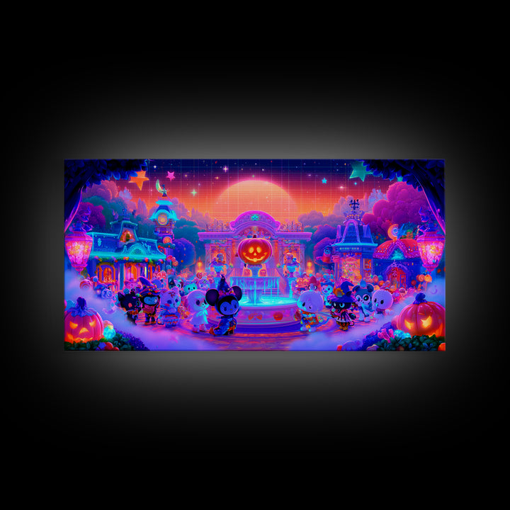 The Trick-Or-Treat Village Square, Synthwave Halloween Art, Wide Panoramic Art, Framed Canvas Print, Retro Halloween Decor, Neon Wall Art